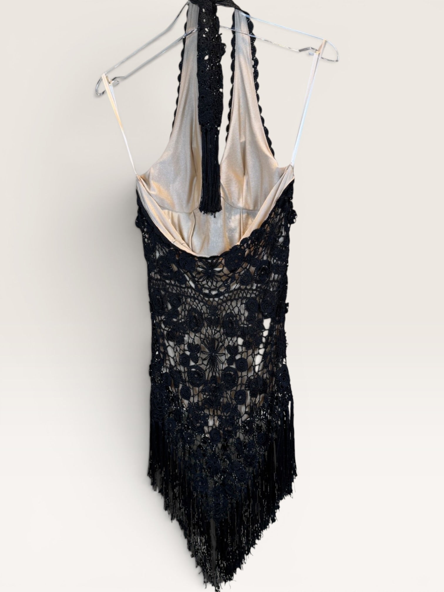 Cache Black Floral Lace Dress with Fringe Hem