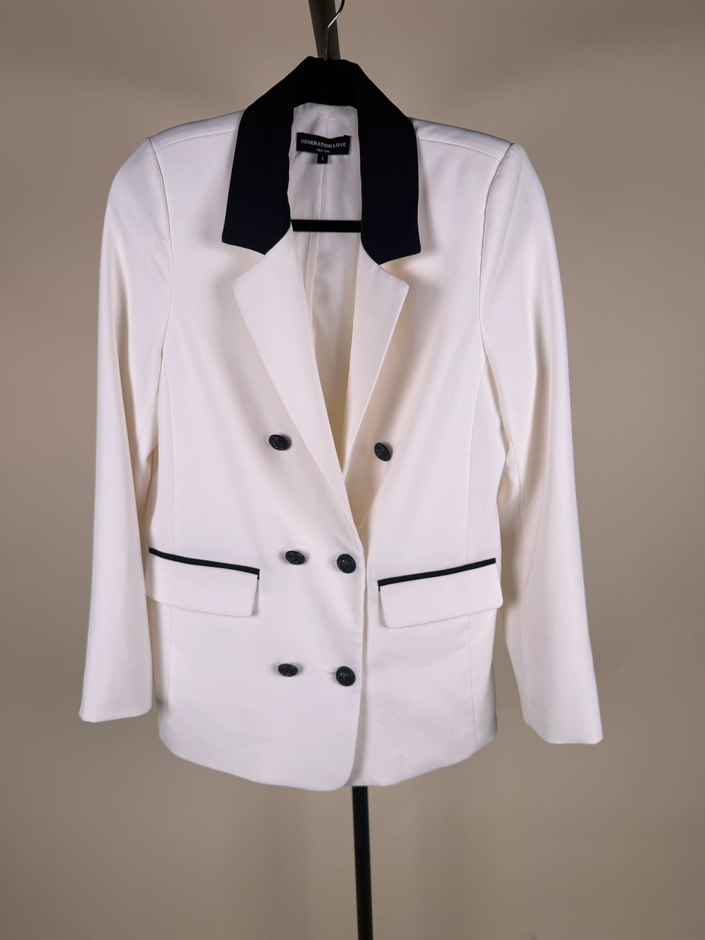 Generation Love Off-White Double-Breasted Tuxedo Blazer with Black/Navy Contrast - photo 6