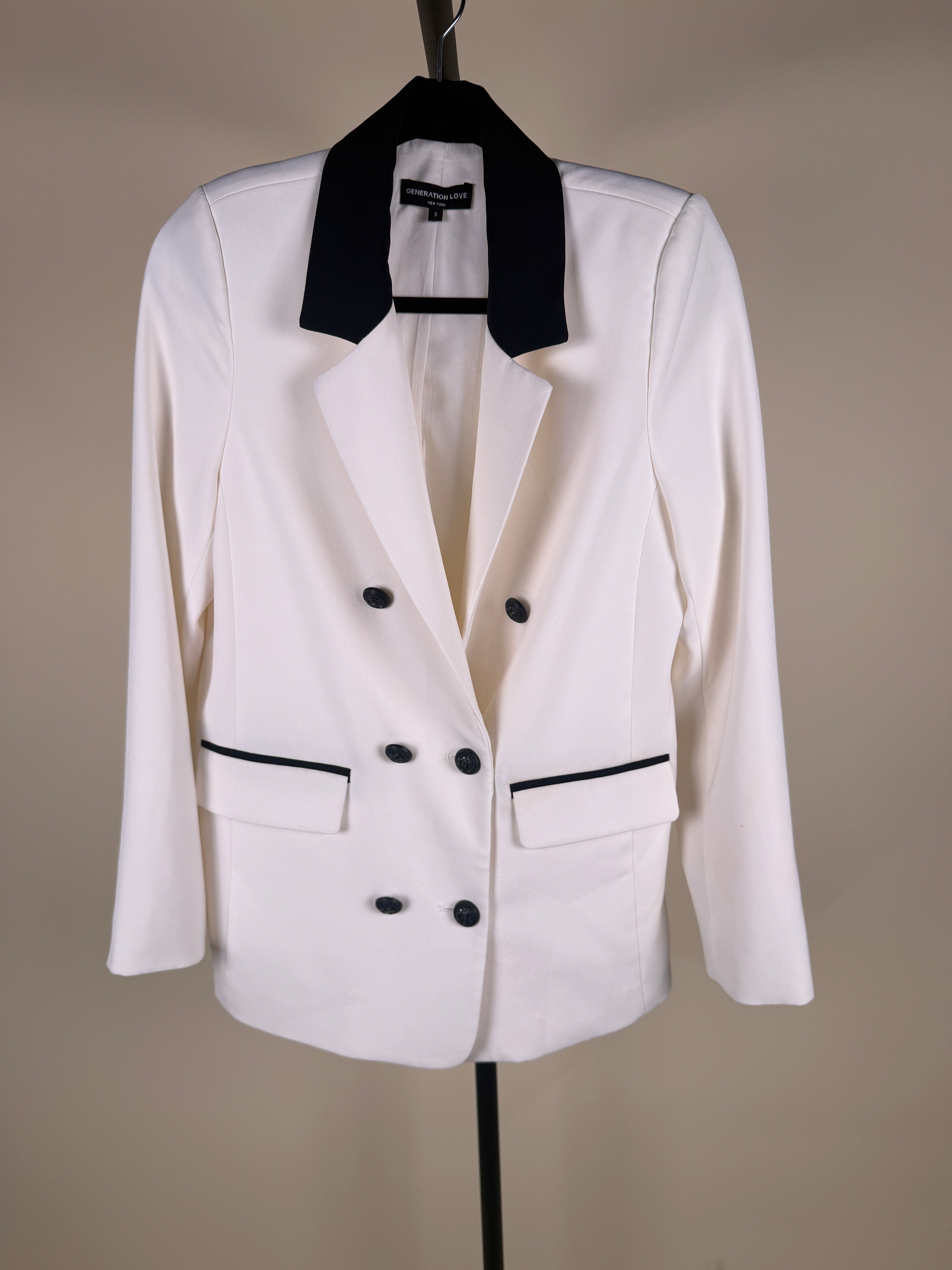 Generation Love Off-White Double-Breasted Tuxedo Blazer with Black/Navy Contrast - photo 6