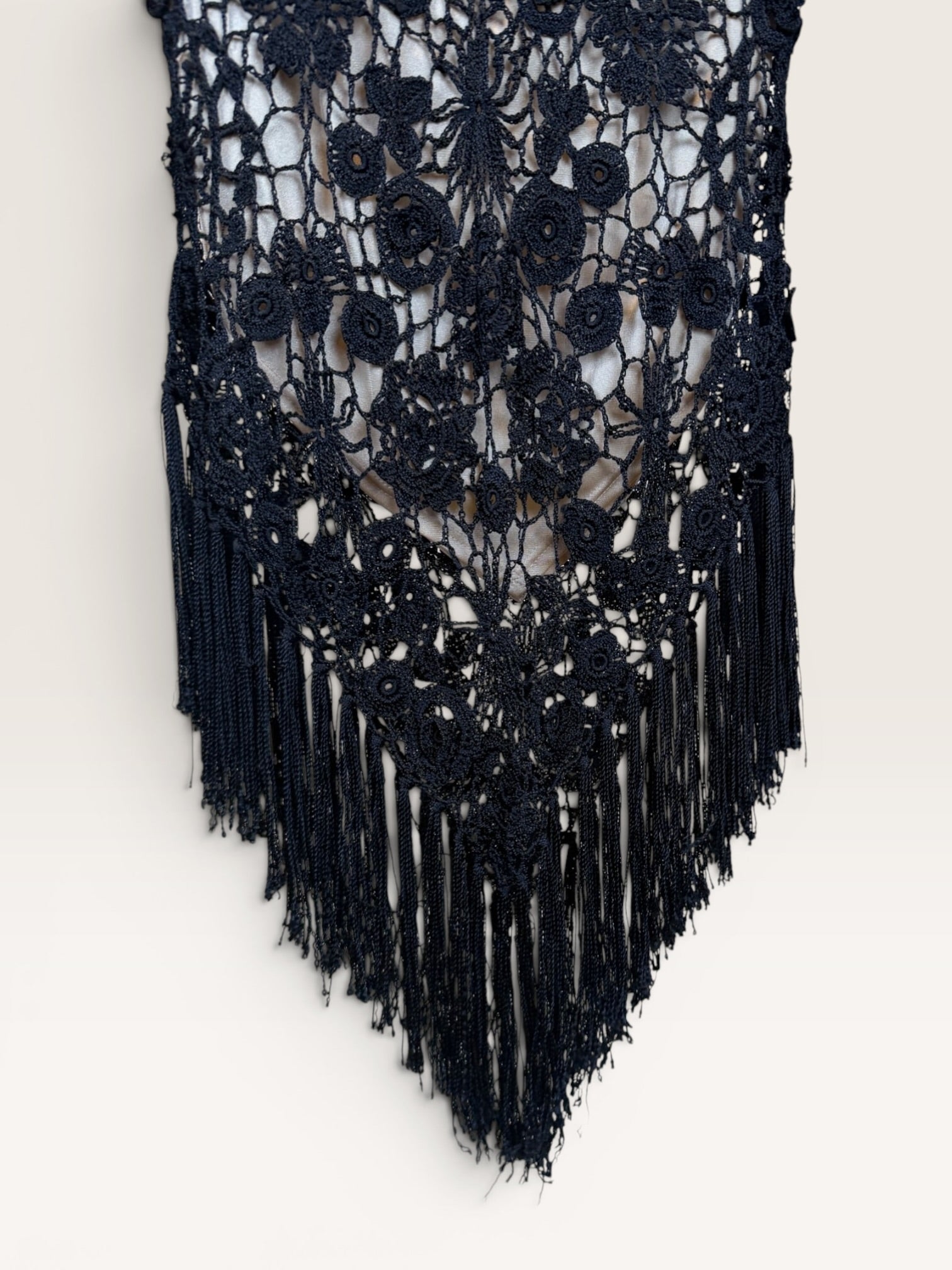 Cache Black Floral Lace Dress with Fringe Hem