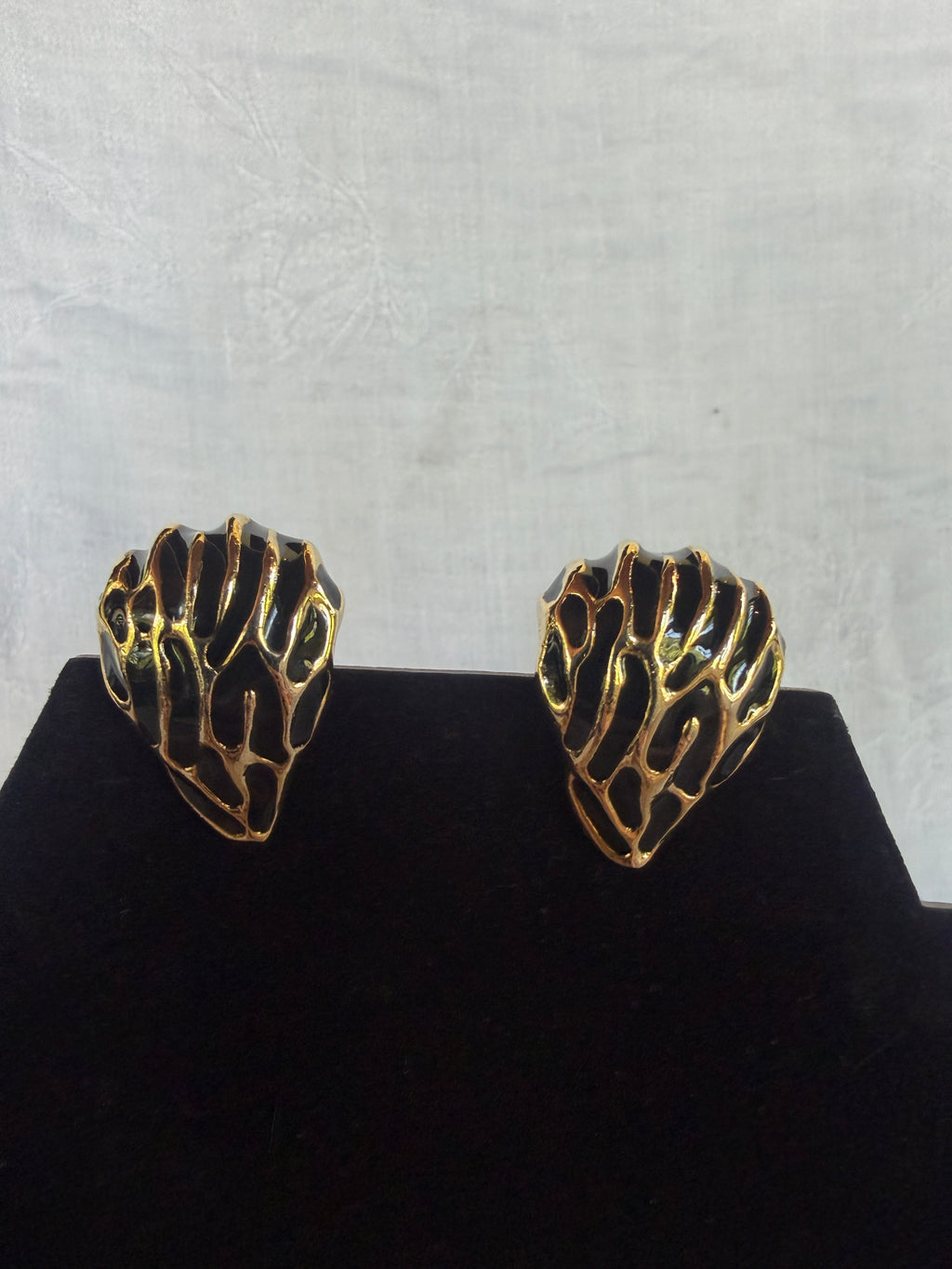 Mid-20th Century Monet-Style Gold-Tone Black Enamel Dome-Shaped Clip-On Earrings - photo 1