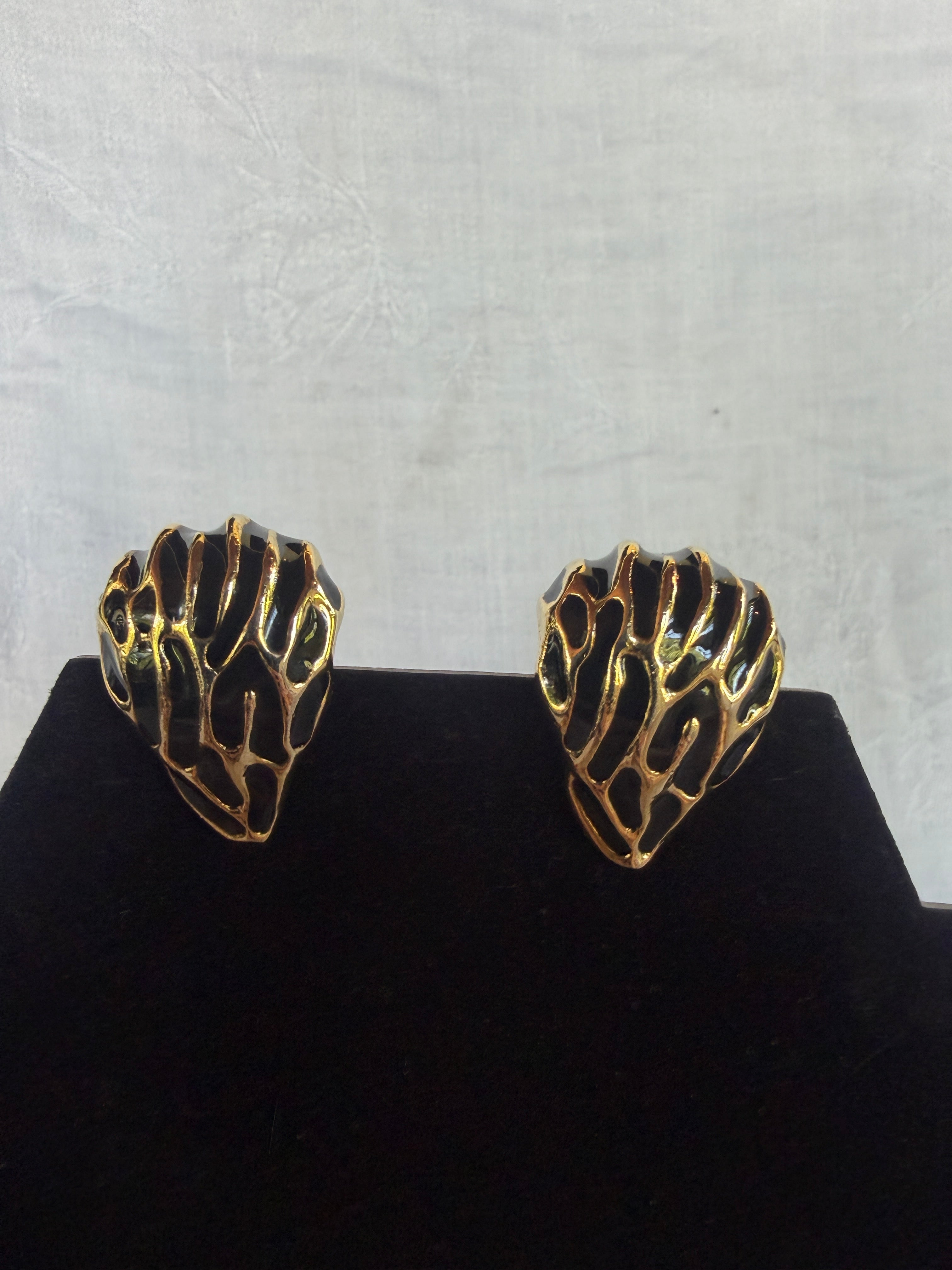 Mid-20th Century Monet-Style Gold-Tone Black Enamel Dome-Shaped Clip-On Earrings - photo 1