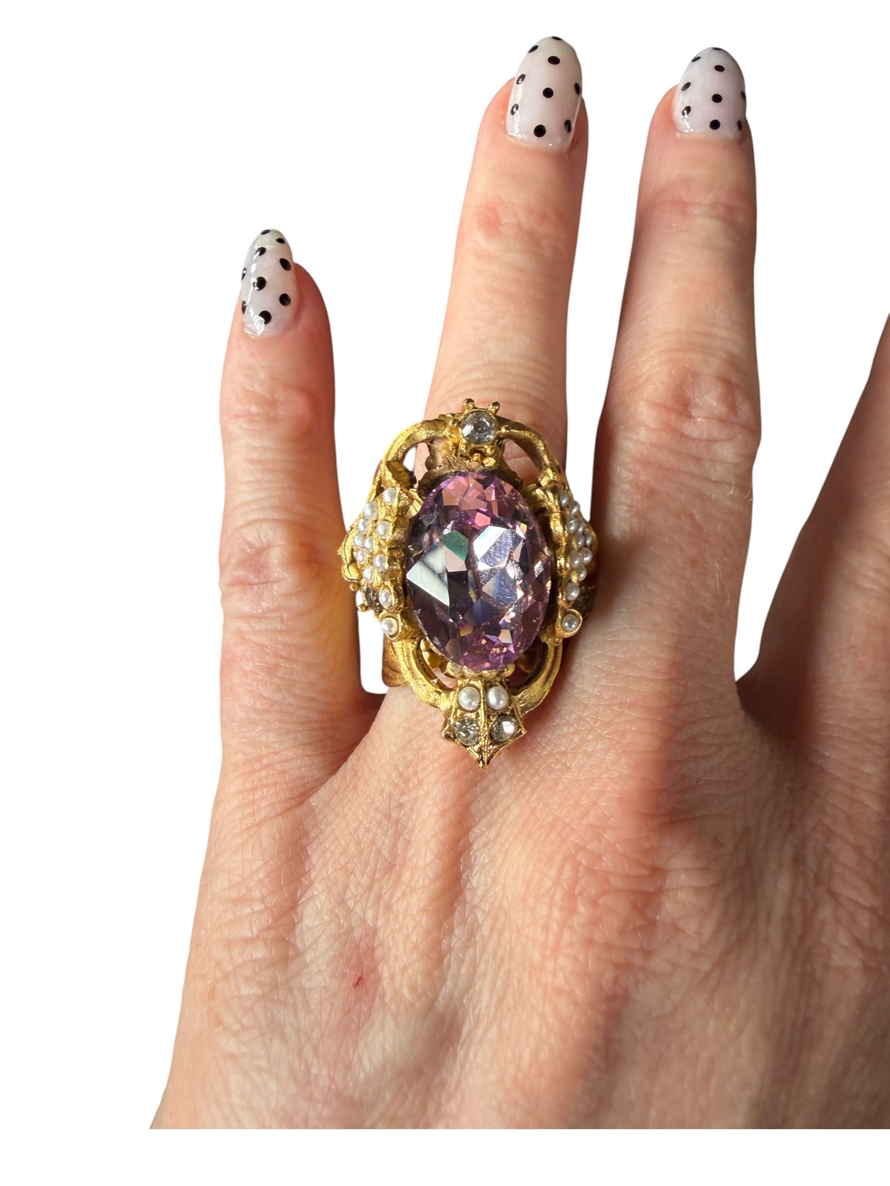 Miss Ellie Vintage Gold Filigree Ring with Purple Gemstone and Pearl Accents