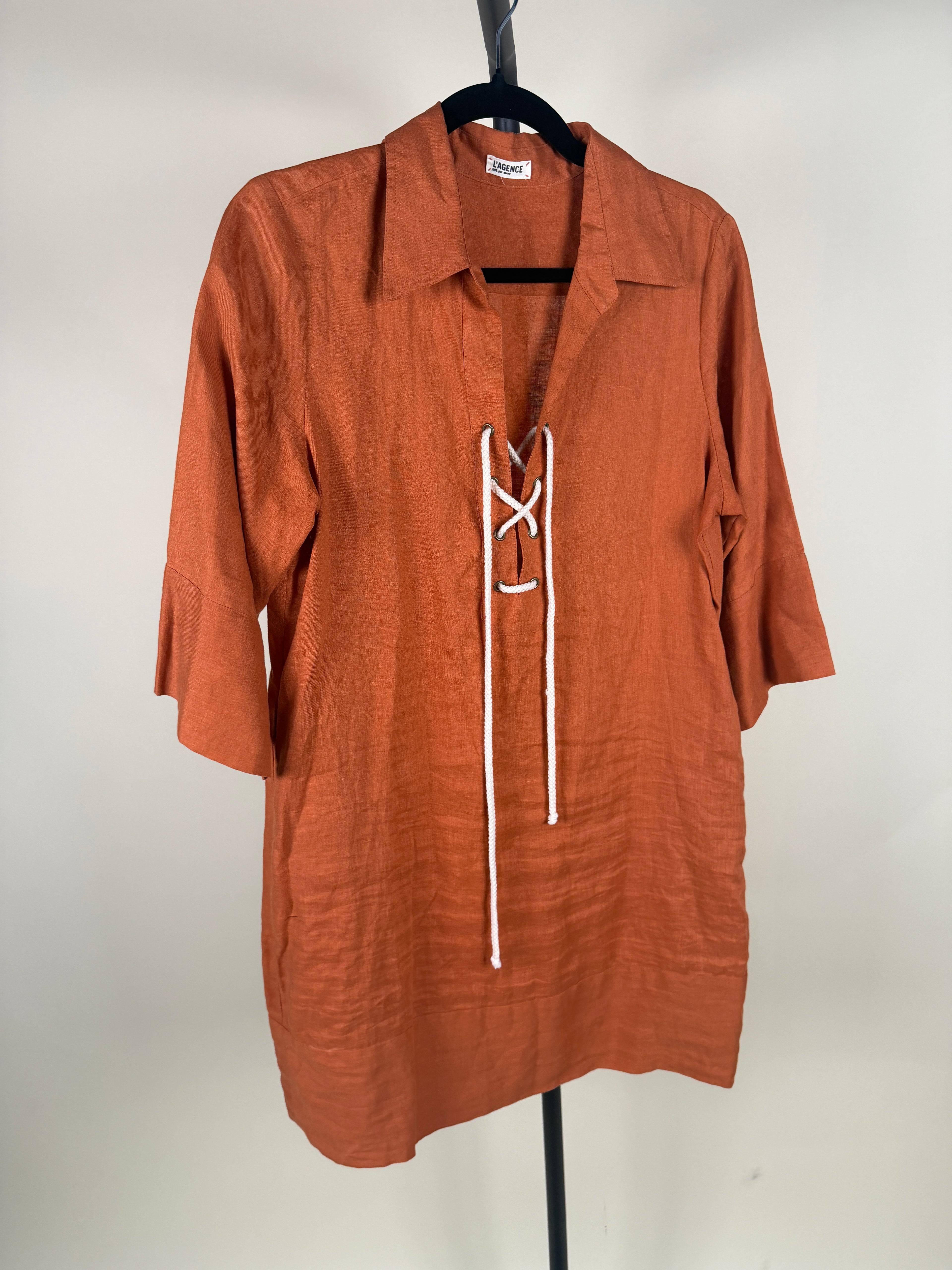 L'AGENCE Rust/Burnt Orange Linen Tunic with Lace-Up Neckline - photo 6