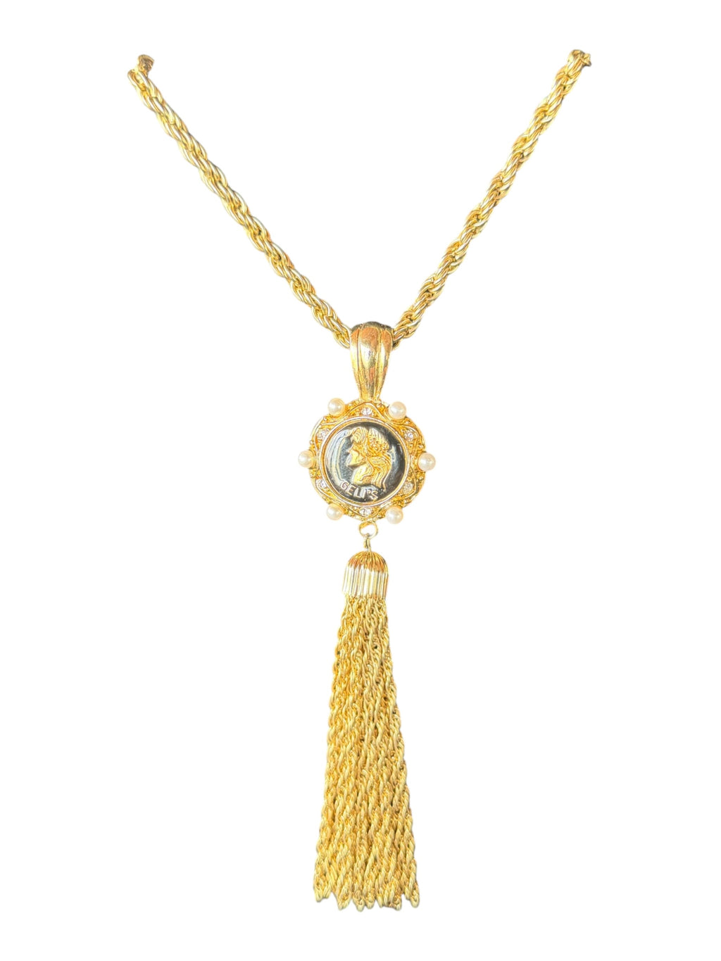 GELI'S Gold Necklace with Engraved Pendant and Pearl Accents