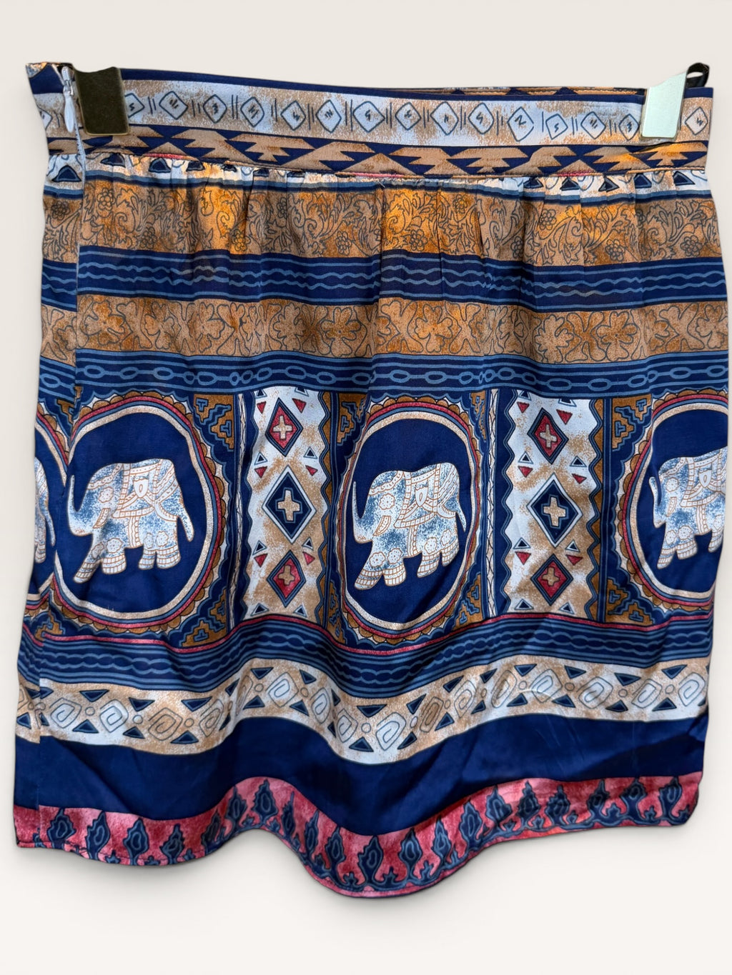 Voo, Patterned Silk Mini Skirt in Blue, Orange, and White