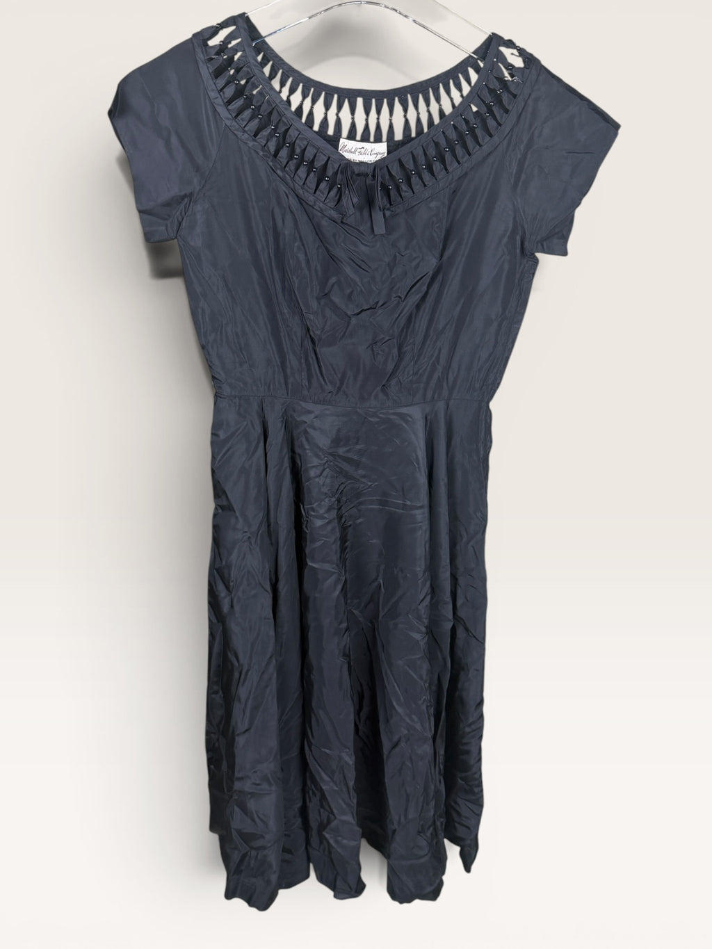 Black Ruffled Neckline Pleated Skirt Dress, Mid-20th Century