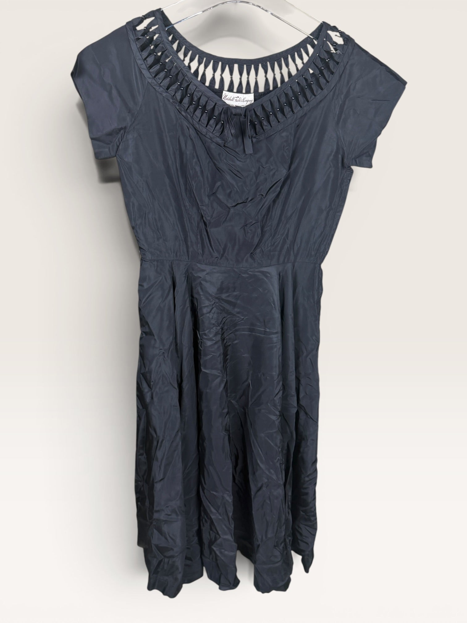Black Ruffled Neckline Pleated Skirt Dress, Mid-20th Century