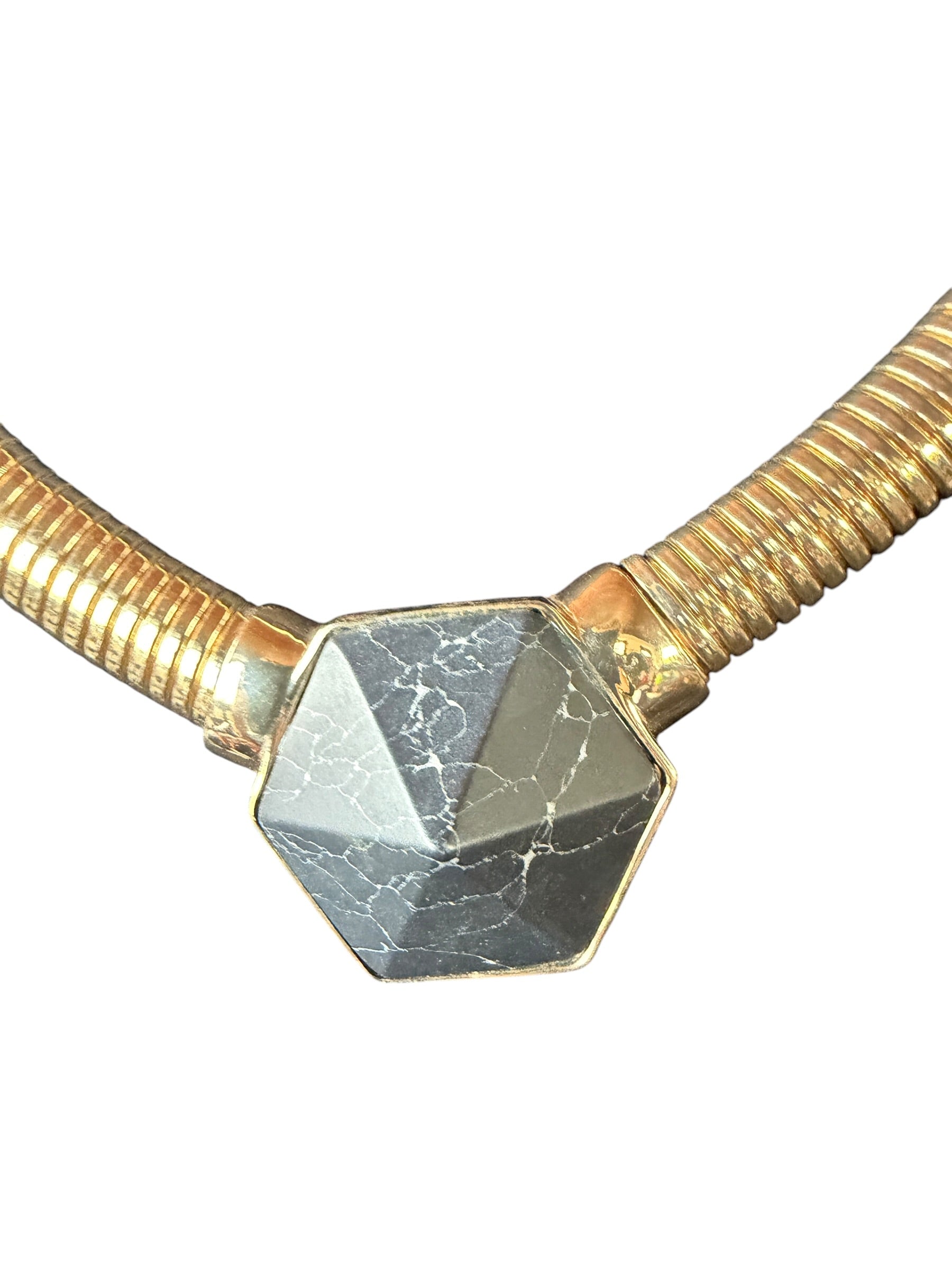 Gray Faceted Pendant Necklace with Gold-Tone Chain