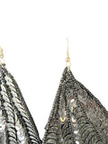 Silver and Black Sequin Feather Earrings with Tassel Trim