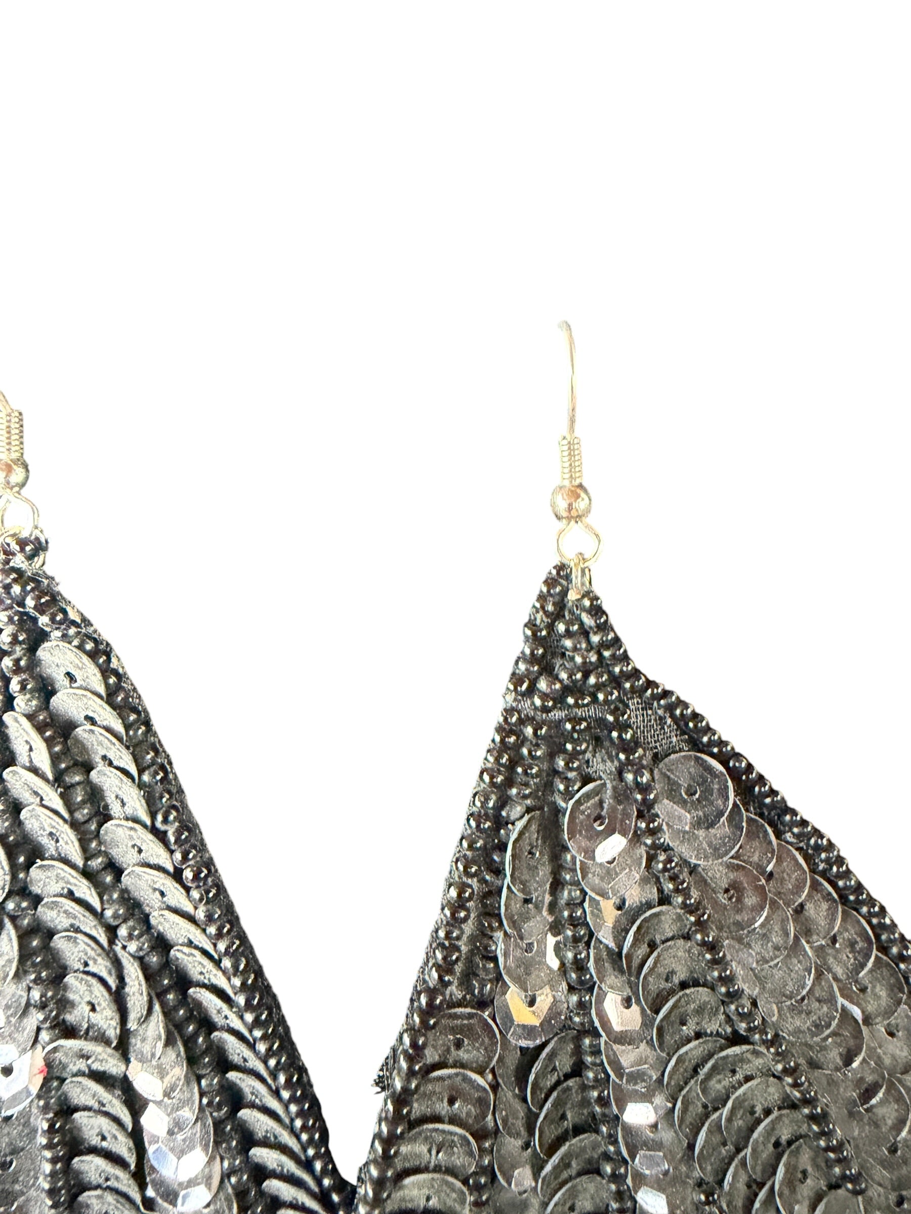 Silver and Black Sequin Feather Earrings with Tassel Trim