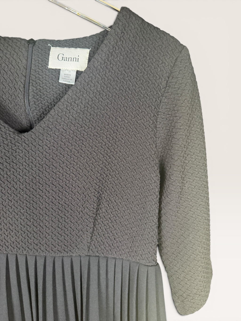 Ganni Textured Gray Pleated Midi Dress