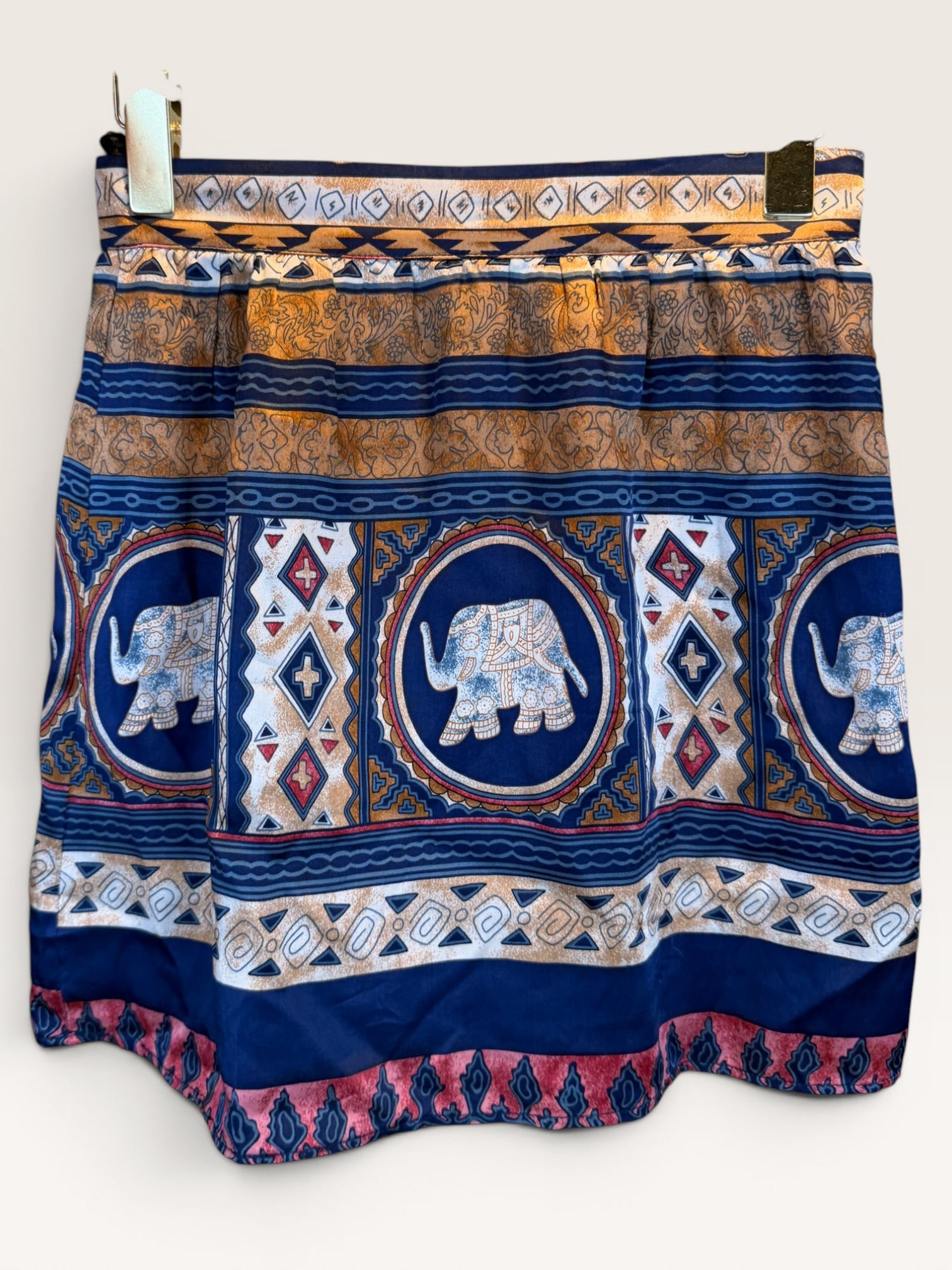 Vonn Patterned Skirt with Elephant, Geometric & Striped Motifs in Navy, Orange, Red & White