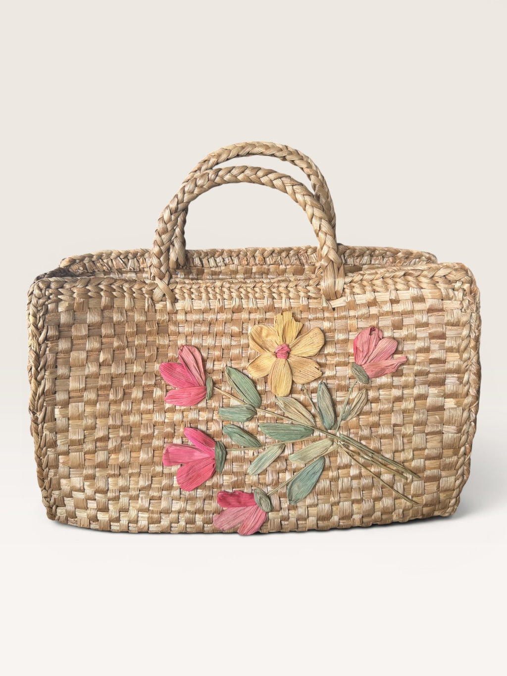 Mid-20th Century Woven Straw Basket with Braided Handles & Floral Appliques