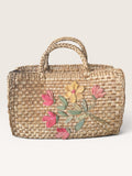 Mid-20th Century Woven Straw Basket with Braided Handles & Floral Appliques