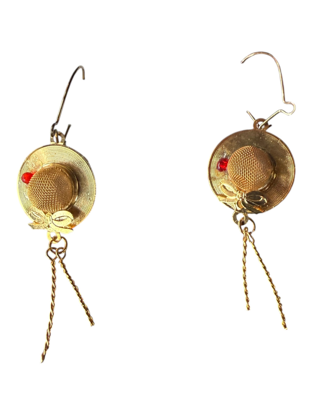 Mid-20th Century Gold-Toned Earrings with Dangling Chains and Red Gemstones