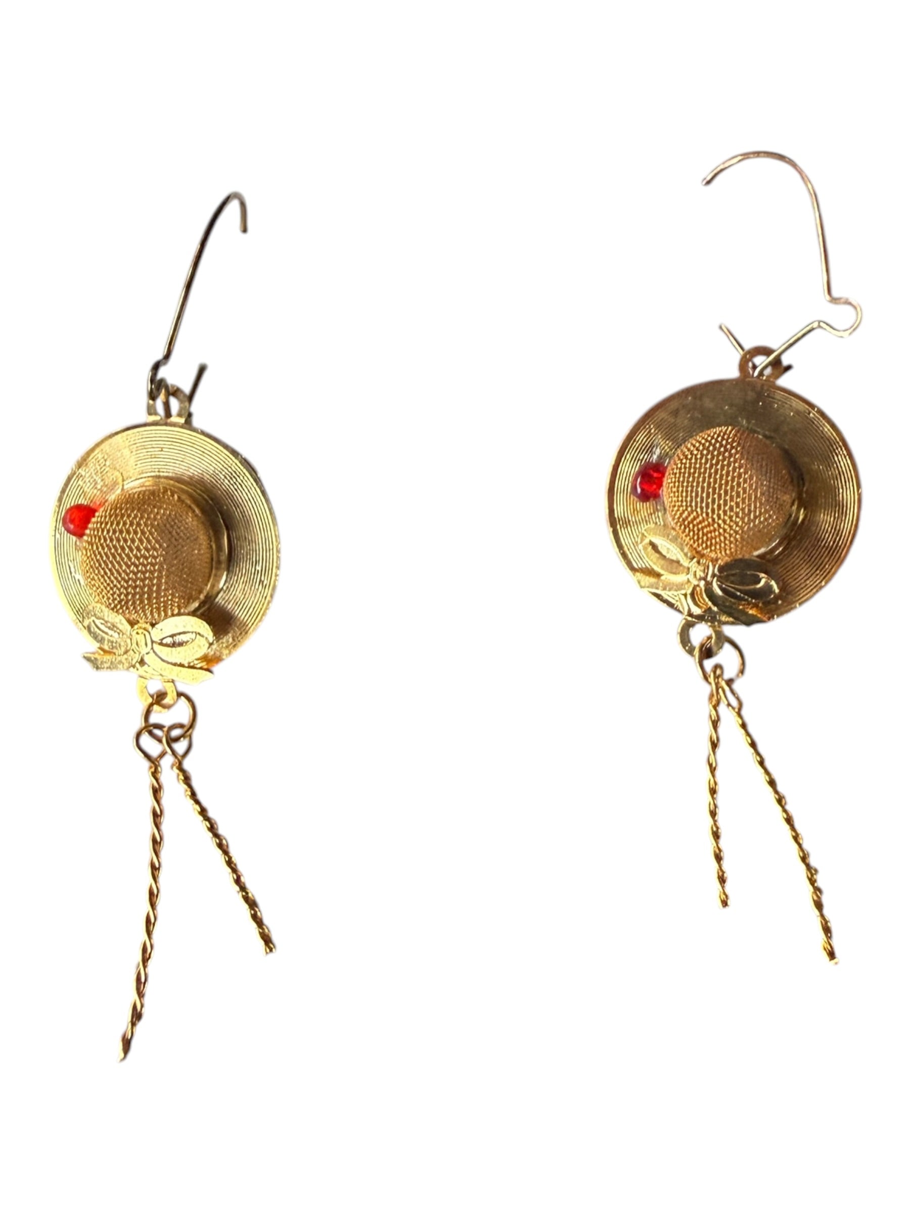 Mid-20th Century Gold-Toned Earrings with Dangling Chains and Red Gemstones