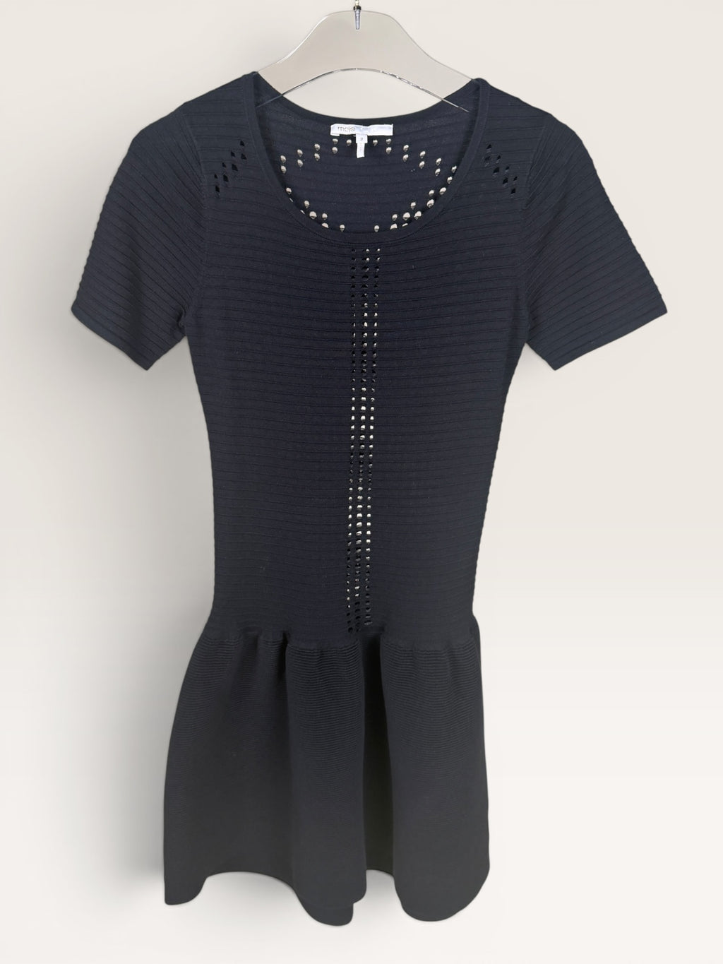Maje Black Ribbed Knit Dress with Ruched Bodice and Flared Skirt