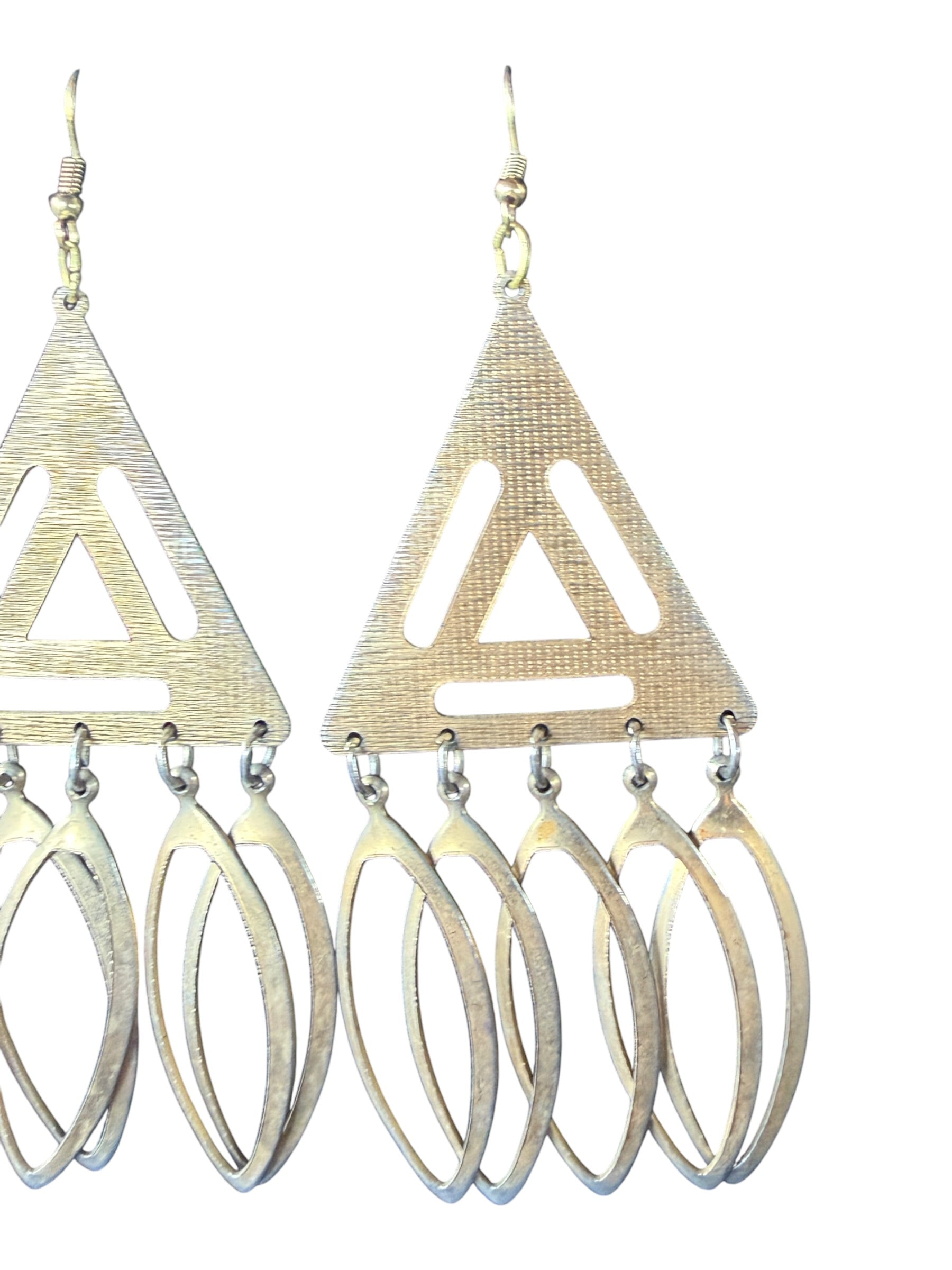 Vintage Gold and Silver-Toned Dangle Earrings with Textured Triangular Frames