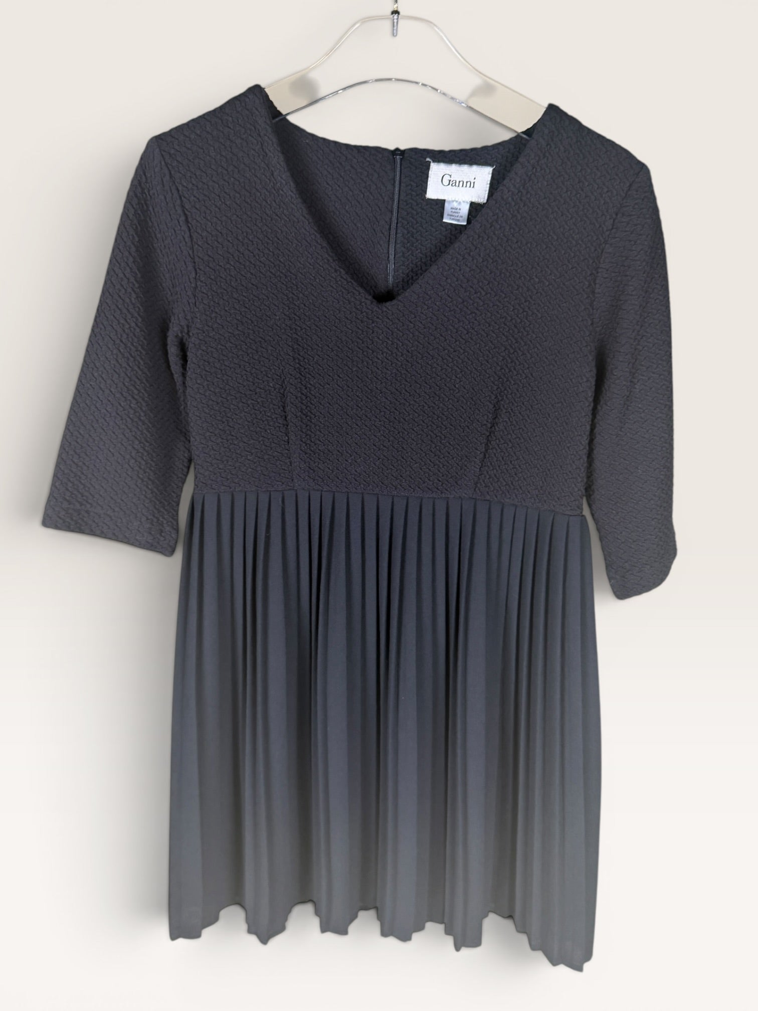 Ganni Textured Gray Pleated Midi Dress