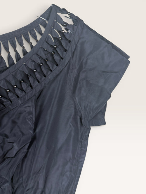 Black Ruffled Neckline Pleated Skirt Dress, Mid-20th Century