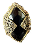 Sweet Romance Vintage Gold-Tone Filigree Ring with Black Stones