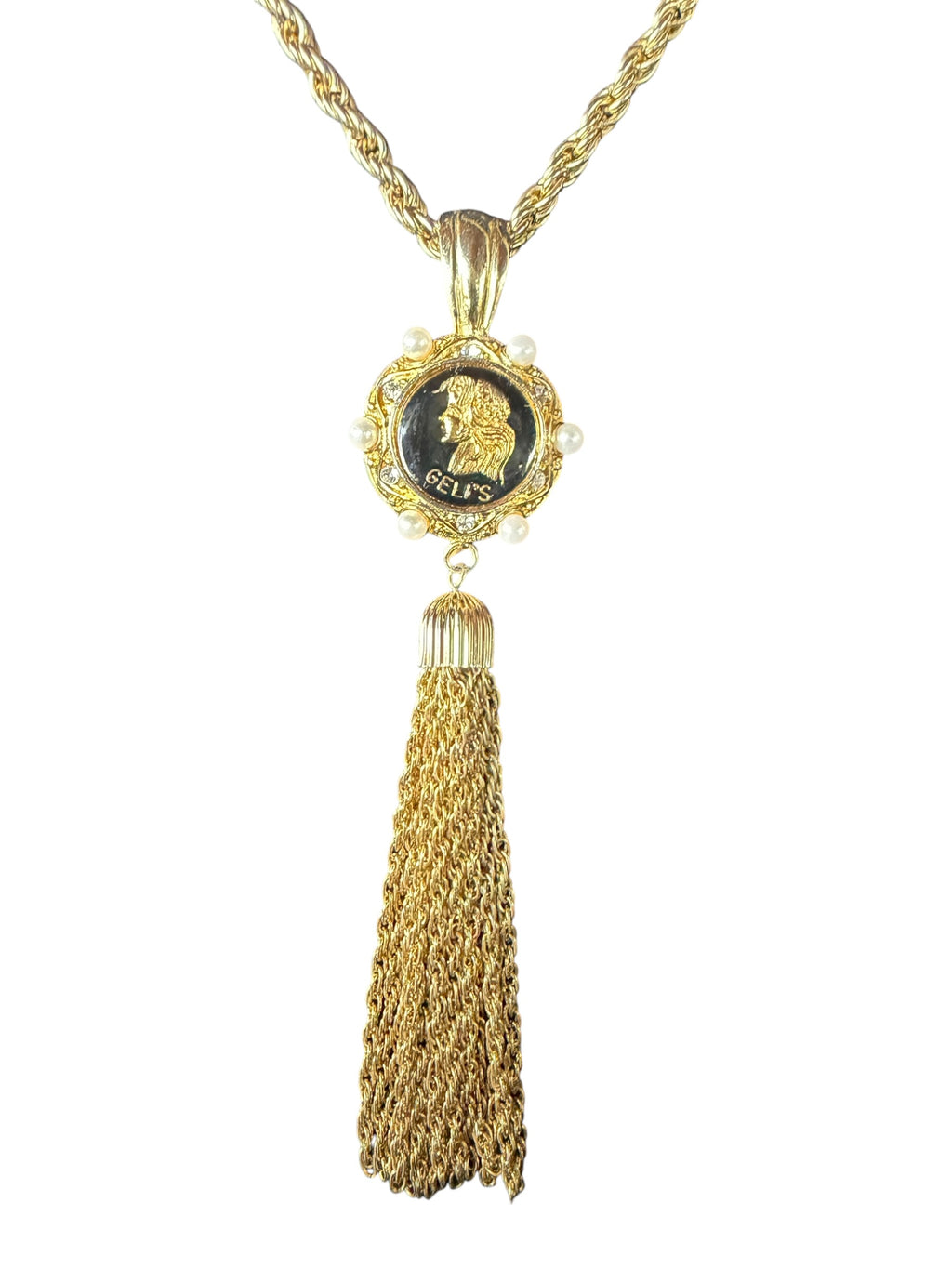 GELI'S Gold Necklace with Engraved Pendant and Pearl Accents