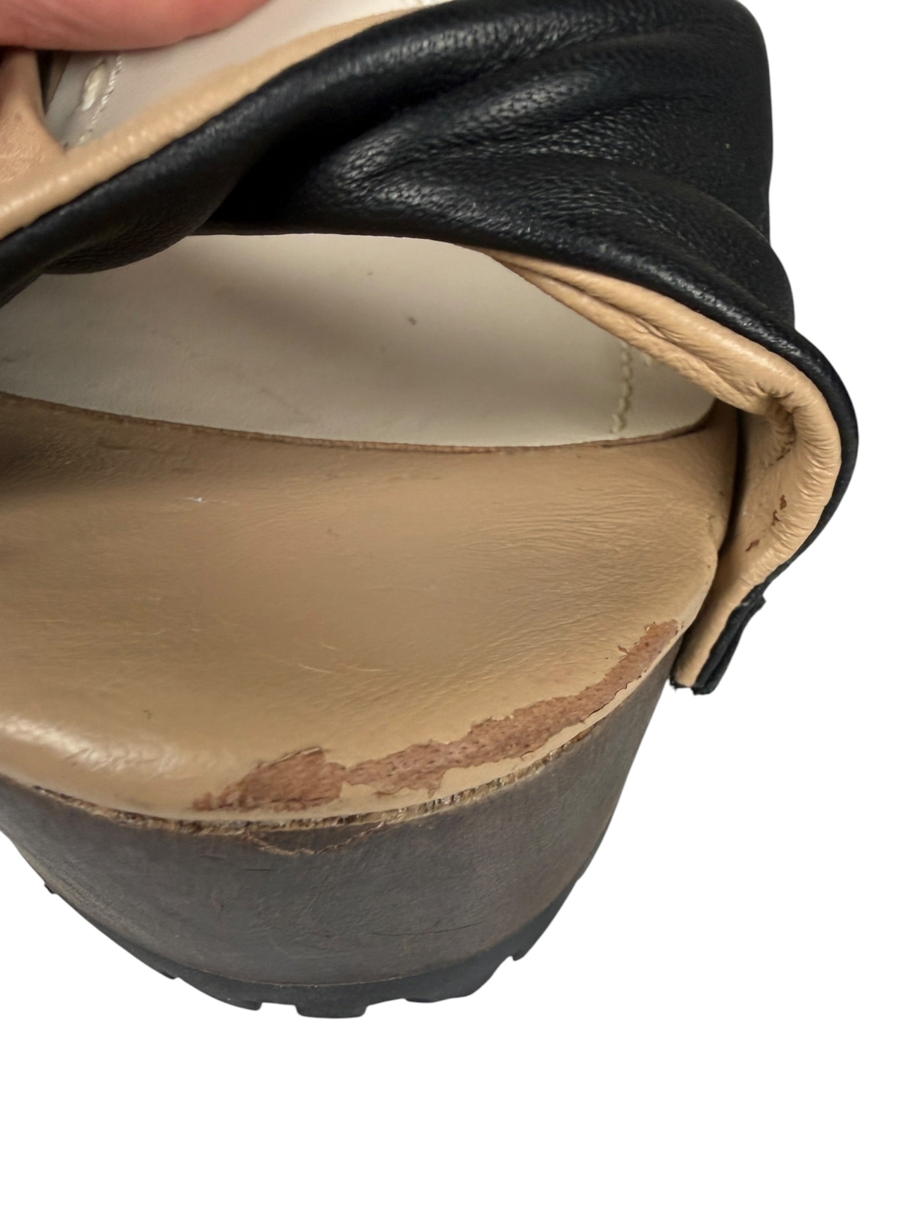 Alice + Olivia Beige Leather Platform Sandals with Black Chunky Sole and Adjustable Ankle Strap