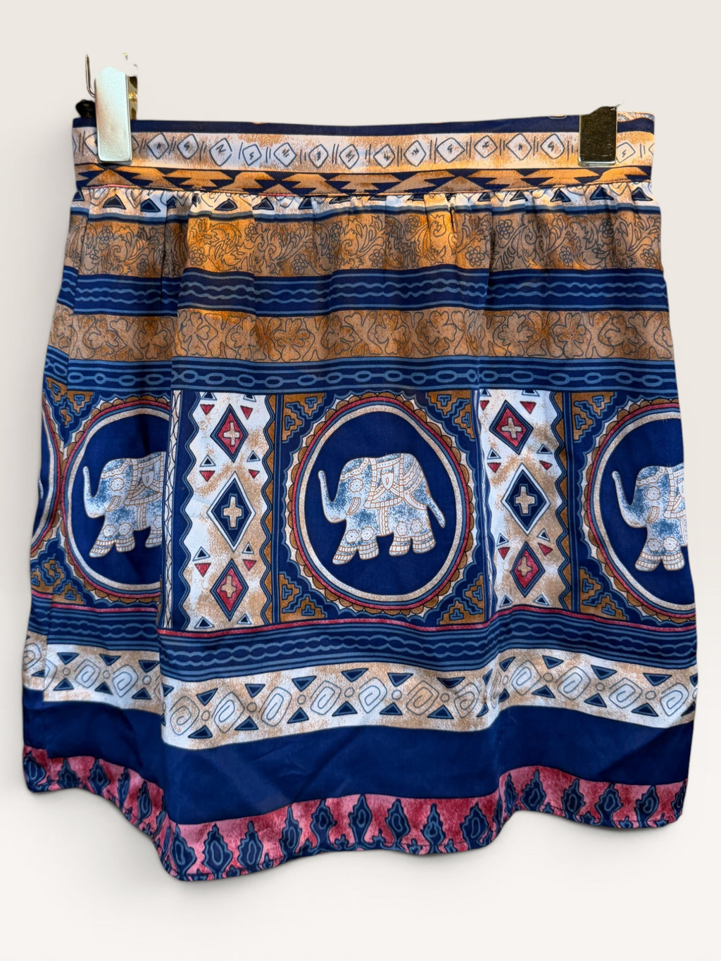 Voo, Patterned Silk Mini Skirt in Blue, Orange, and White