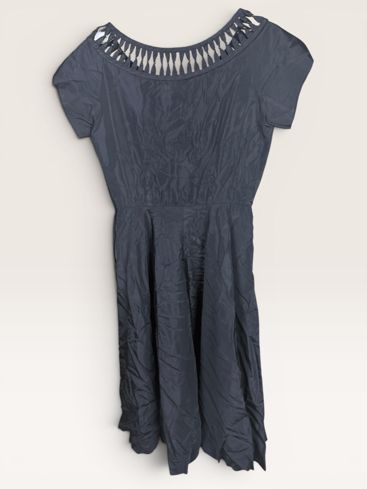 Black Ruffled Neckline Pleated Skirt Dress, Mid-20th Century
