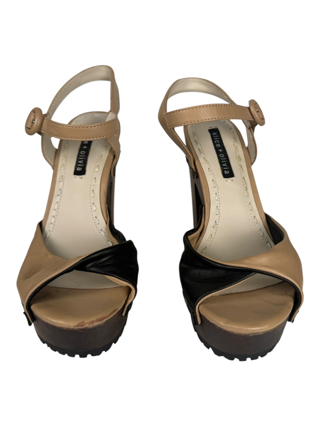 Alice + Olivia Beige Leather Platform Sandals with Black Chunky Sole and Adjustable Ankle Strap