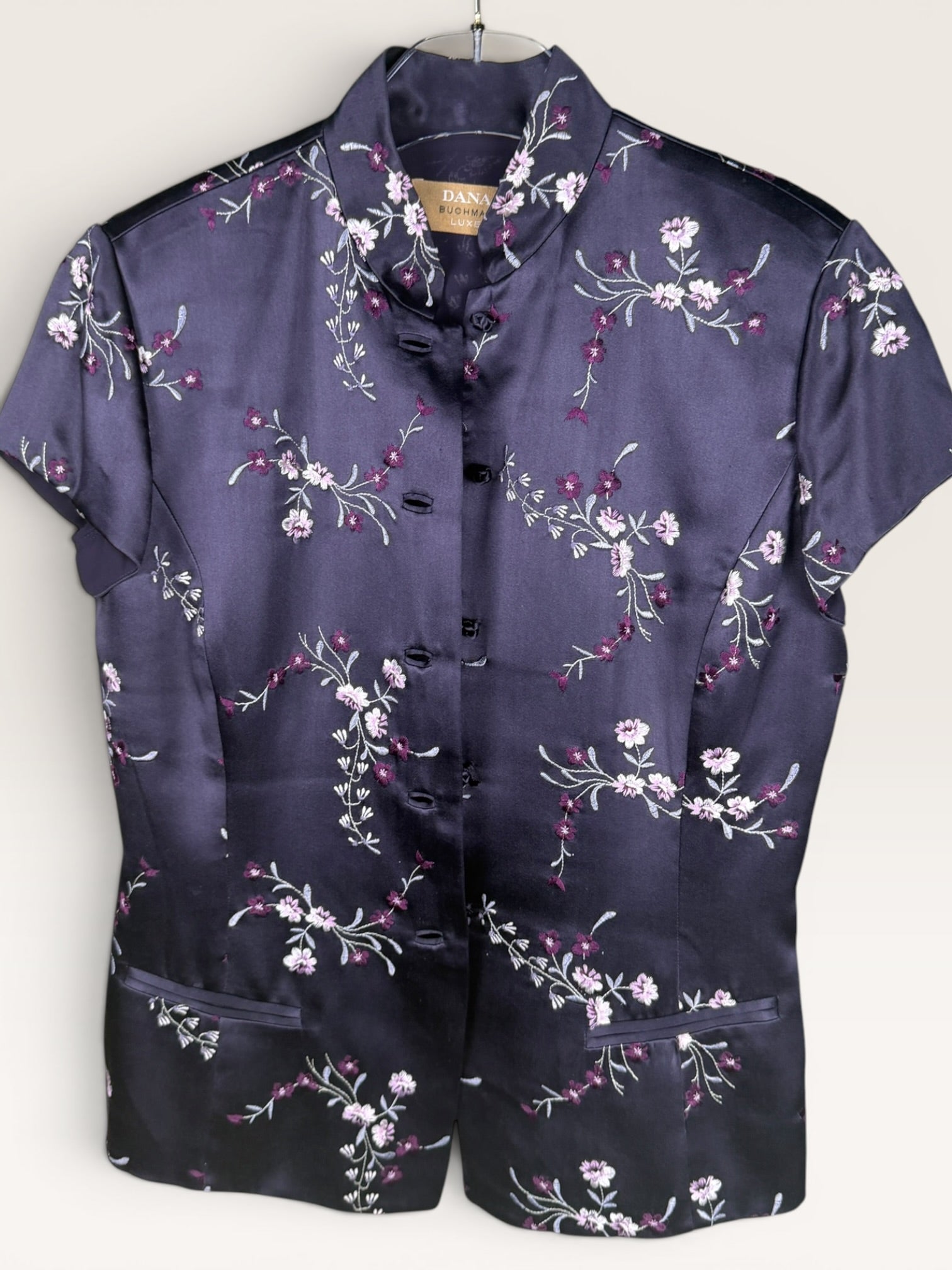 Dana Buchman Luxe Floral Embroidery Shirt in Purple, Pink, and White