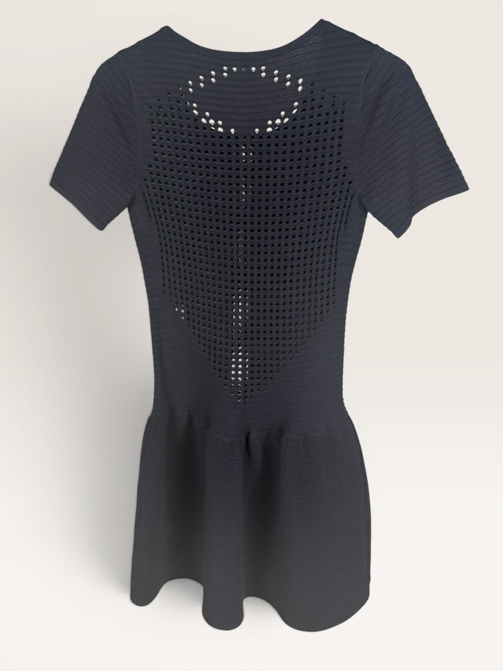 Maje Black Ribbed Knit Dress with Ruched Bodice and Flared Skirt
