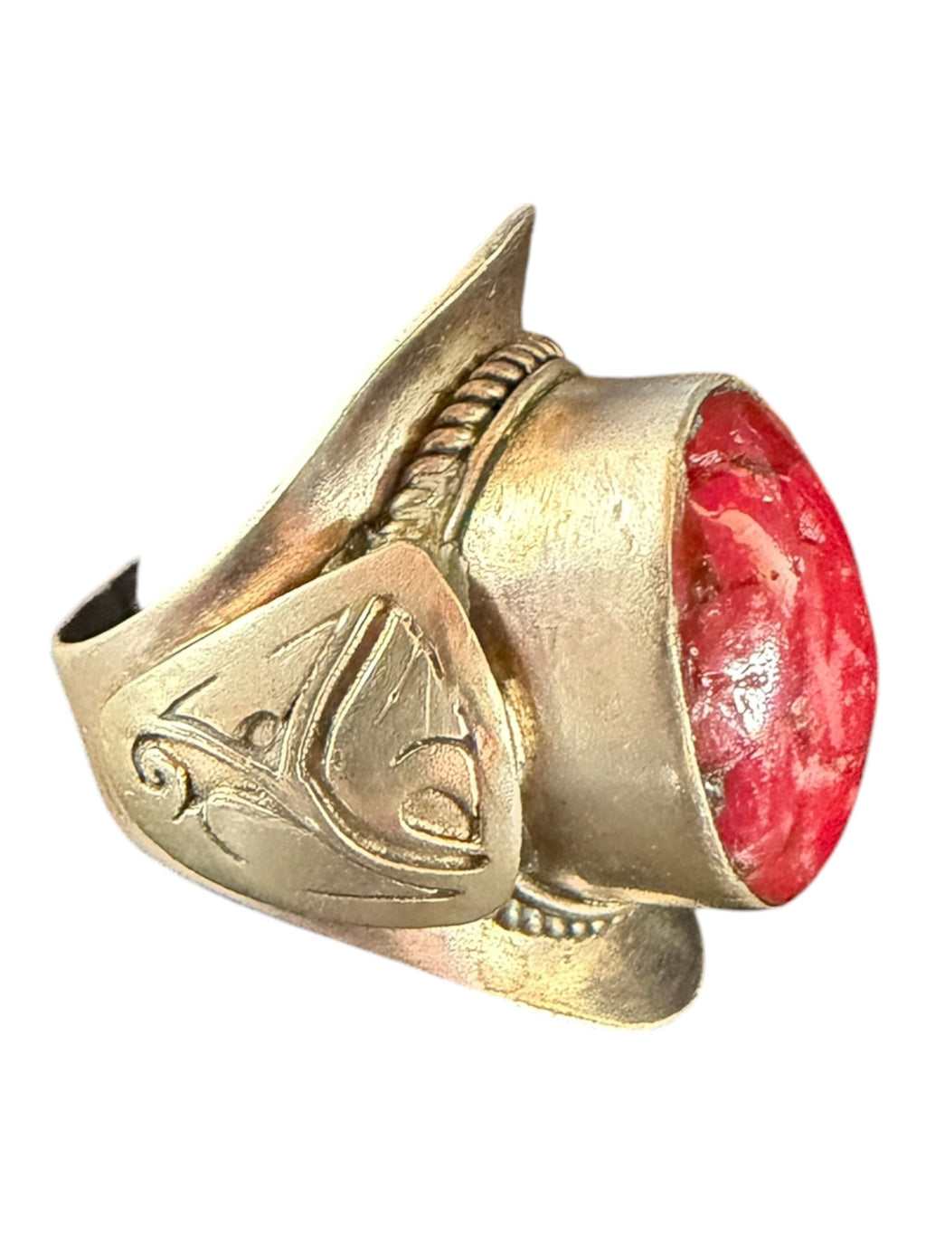 Gold-Tone Chunky Ring with Red Faceted Stone