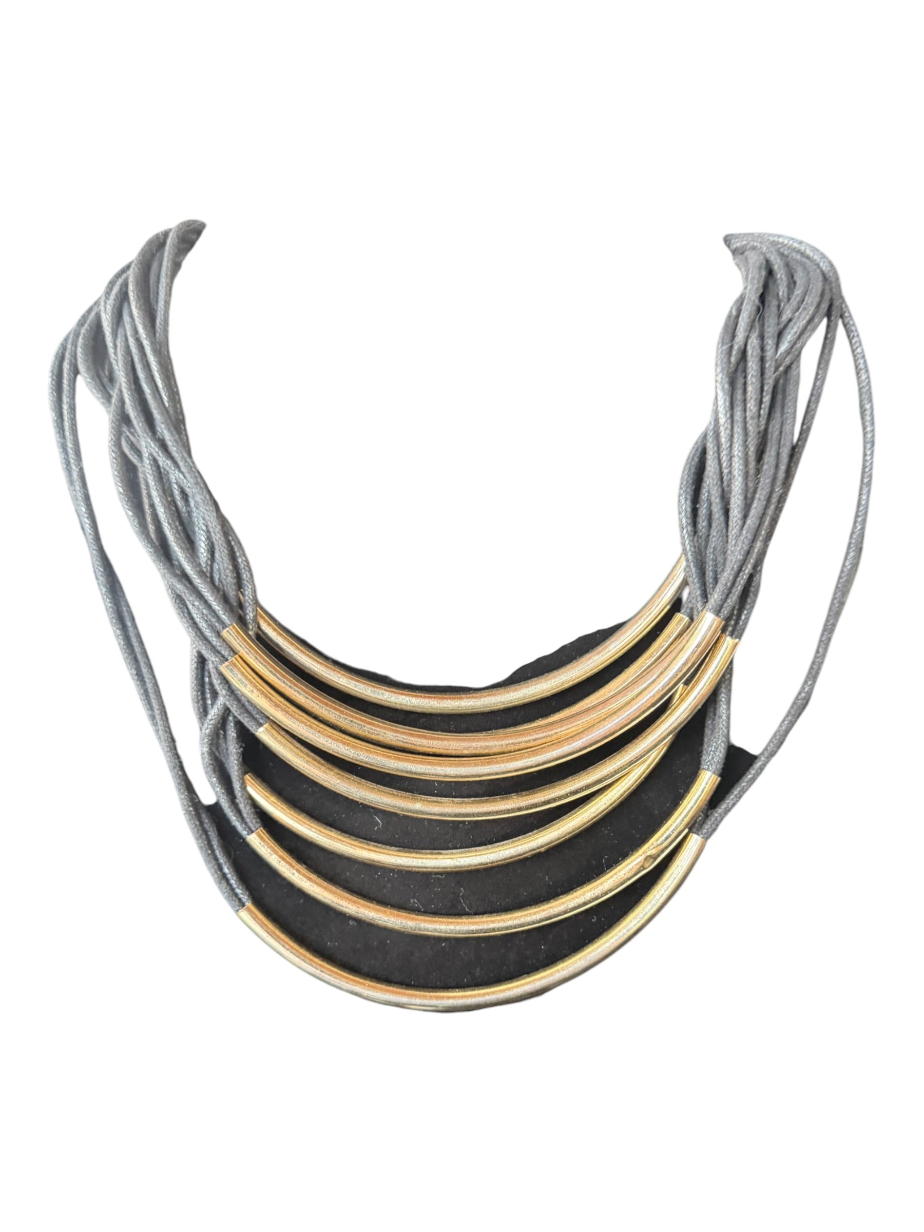 Gray Fabric and Gold Metal Multi-Strand Necklace
