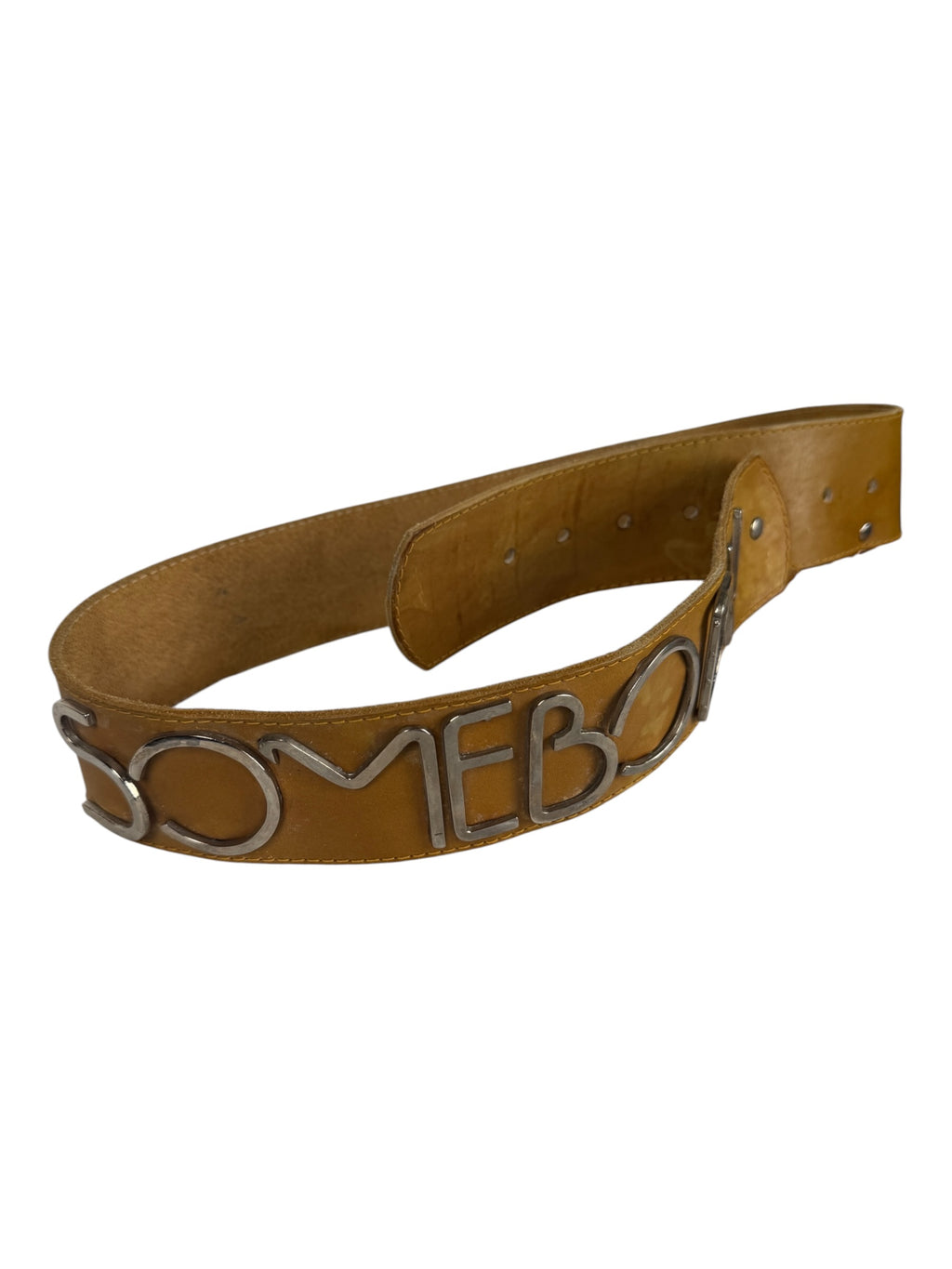 Brown Leather Belt with SOMEBODY Text and Zipper Pocket