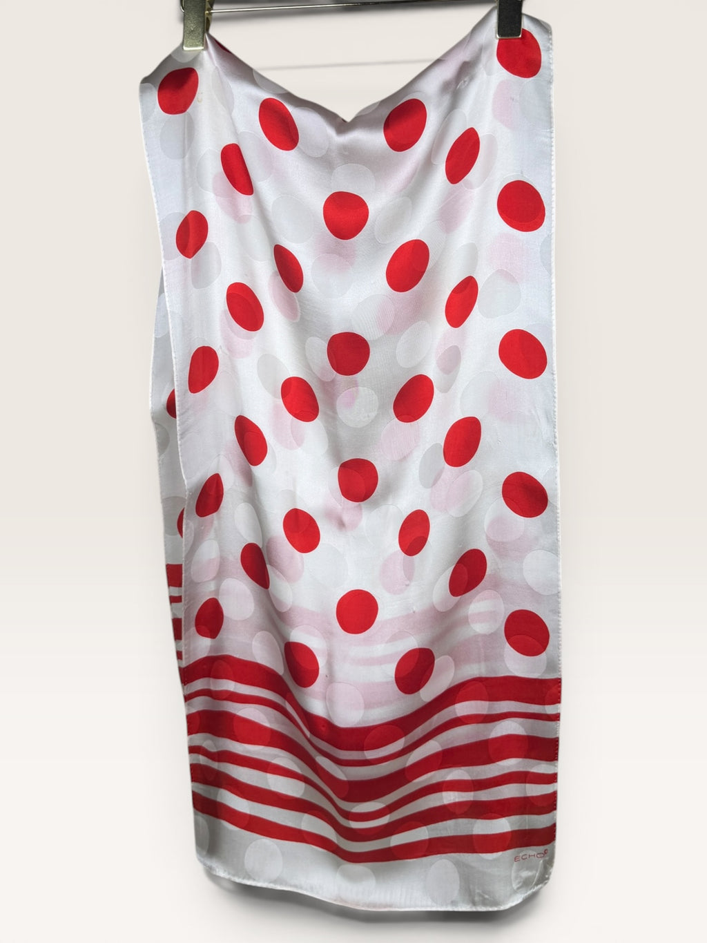 ECHO Red and White Polka Dot Silk Scarf with Striped Border