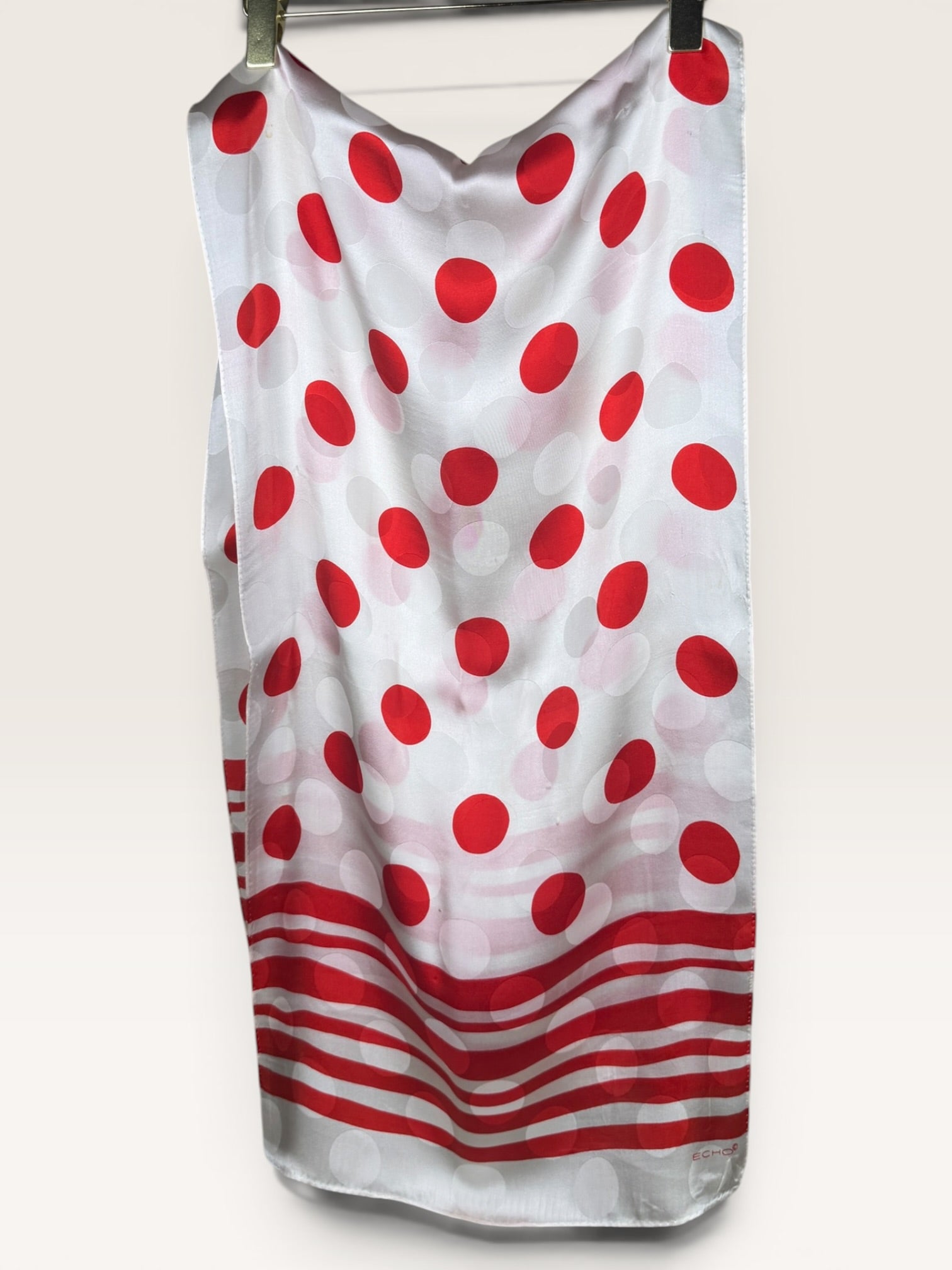 ECHO Red and White Polka Dot Silk Scarf with Striped Border
