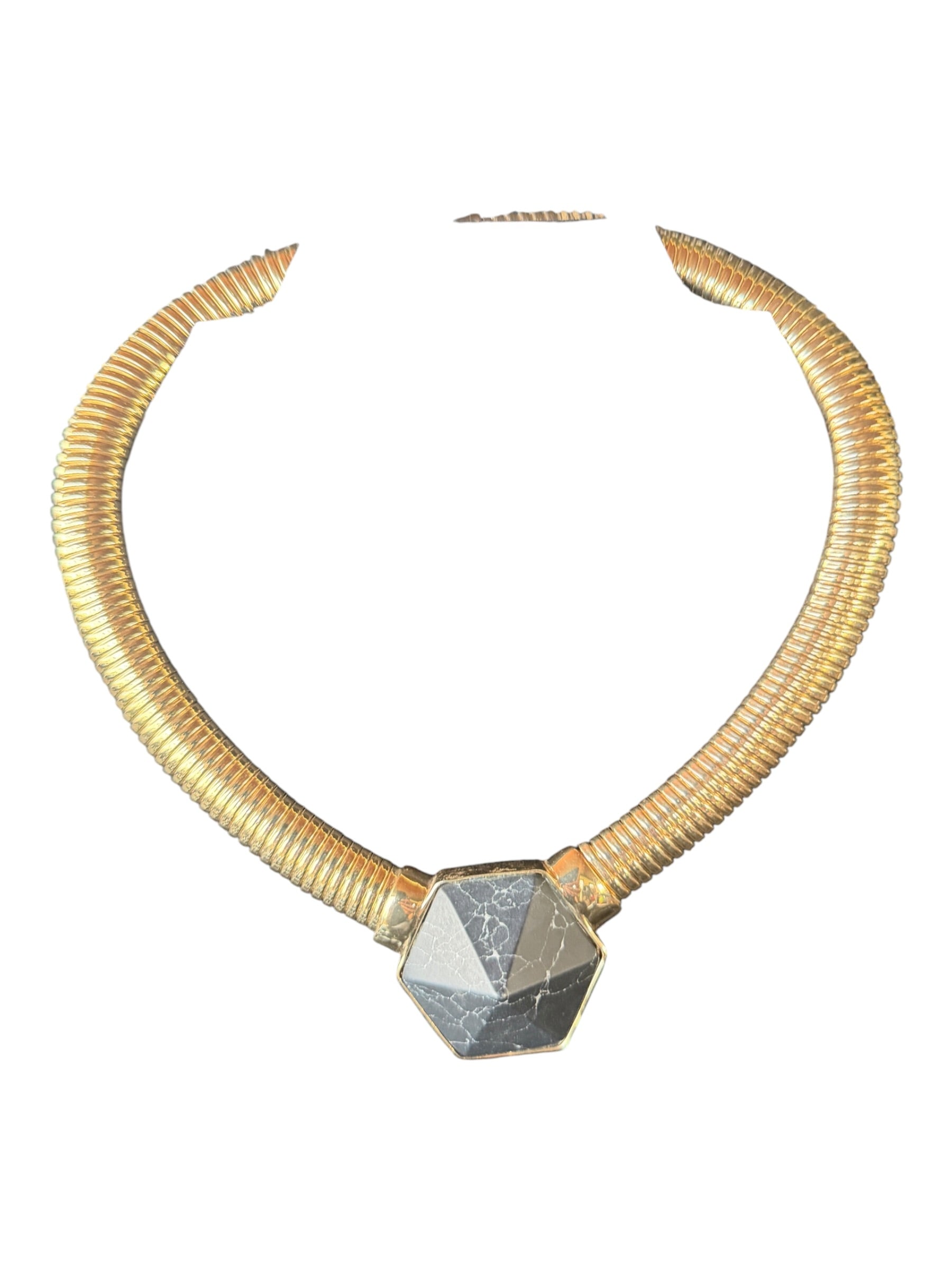 Gray Faceted Pendant Necklace with Gold-Tone Chain
