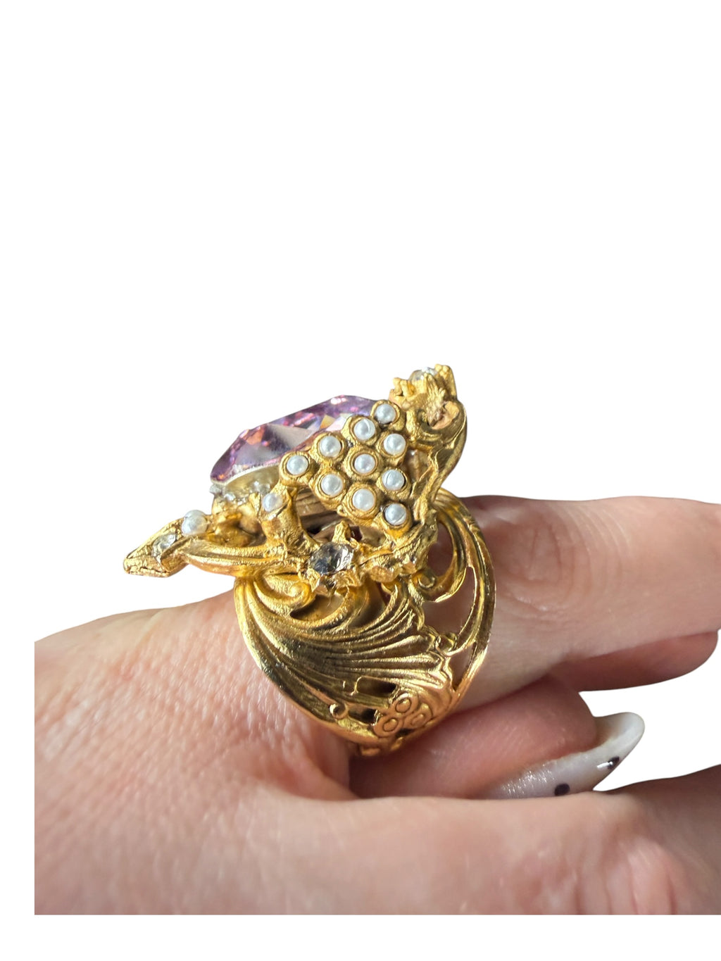Miss Ellie Vintage Gold Filigree Ring with Purple Gemstone and Pearl Accents