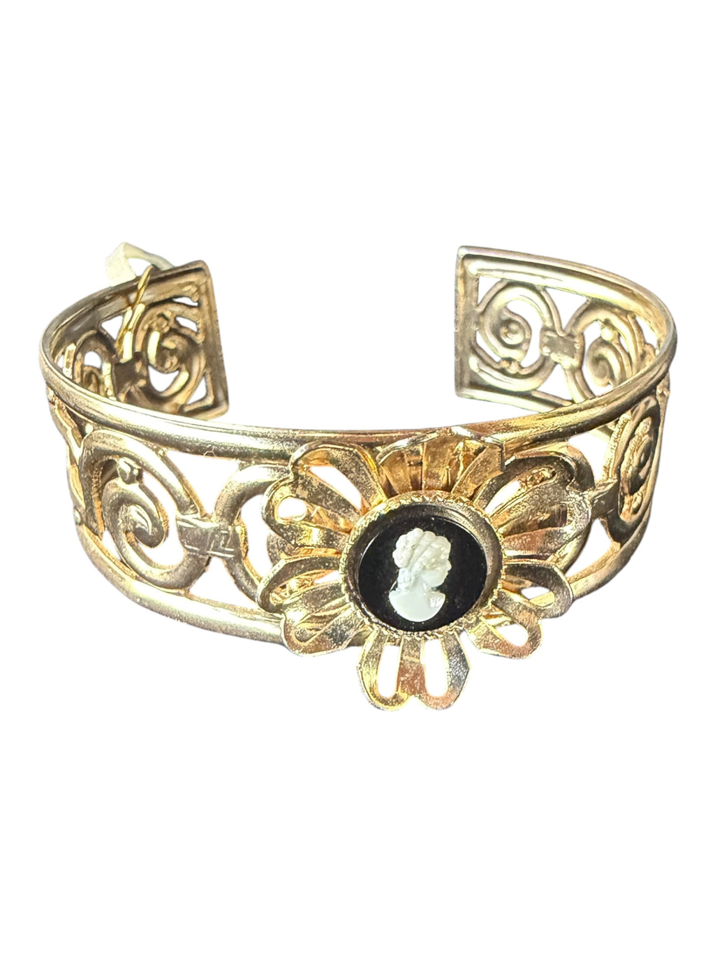 Gold-Toned Cuff Bracelet with Black Cabochon Gemstone