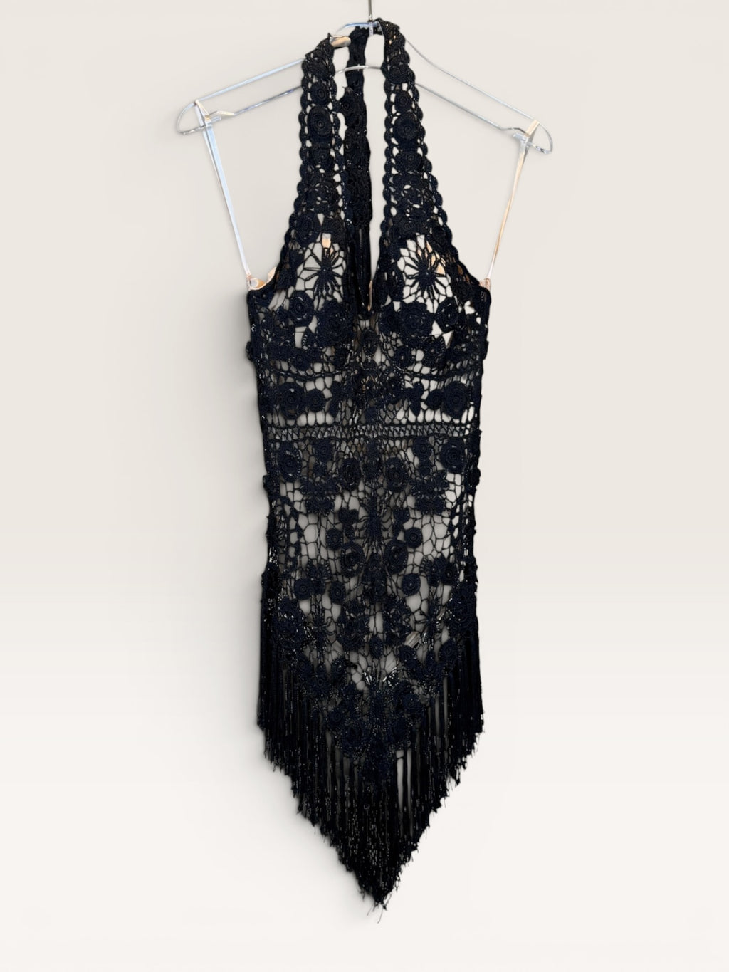 Cache Black Floral Lace Dress with Fringe Hem
