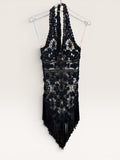 Cache Black Floral Lace Dress with Fringe Hem