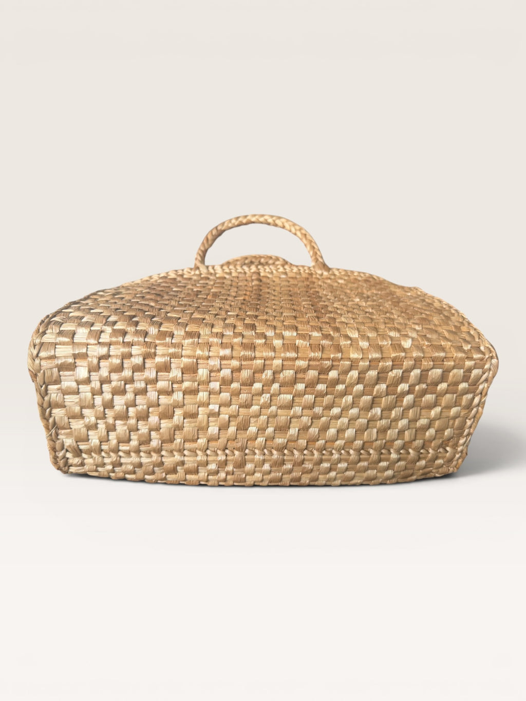 Mid-20th Century Woven Straw Basket with Braided Handles & Floral Appliques