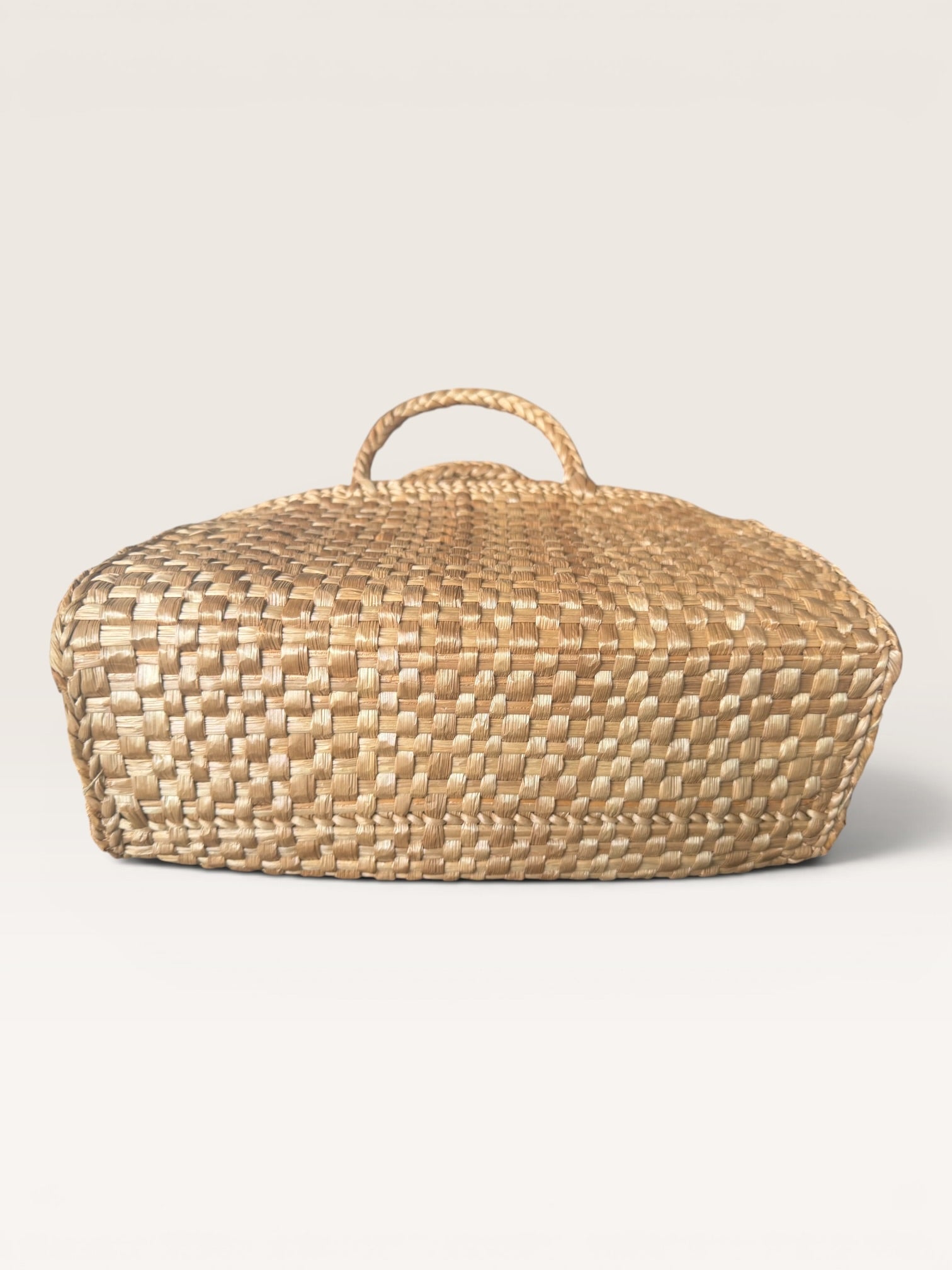 Mid-20th Century Woven Straw Basket with Braided Handles & Floral Appliques