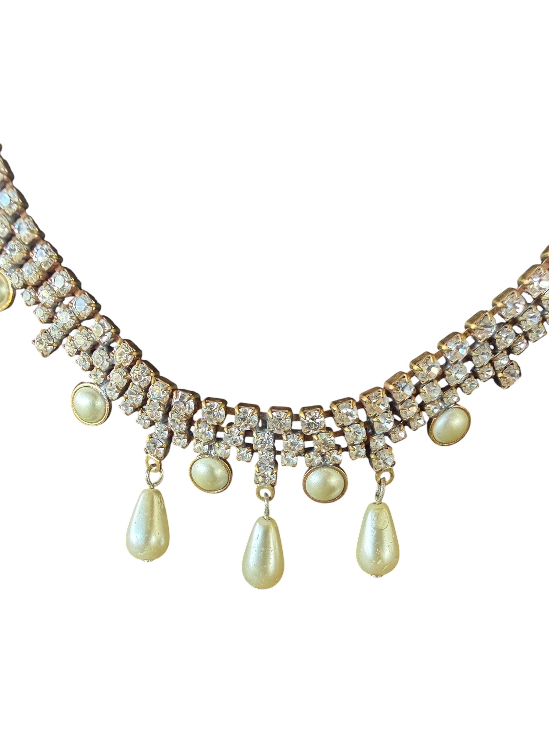 Gold Rhinestone and Pearl Necklace