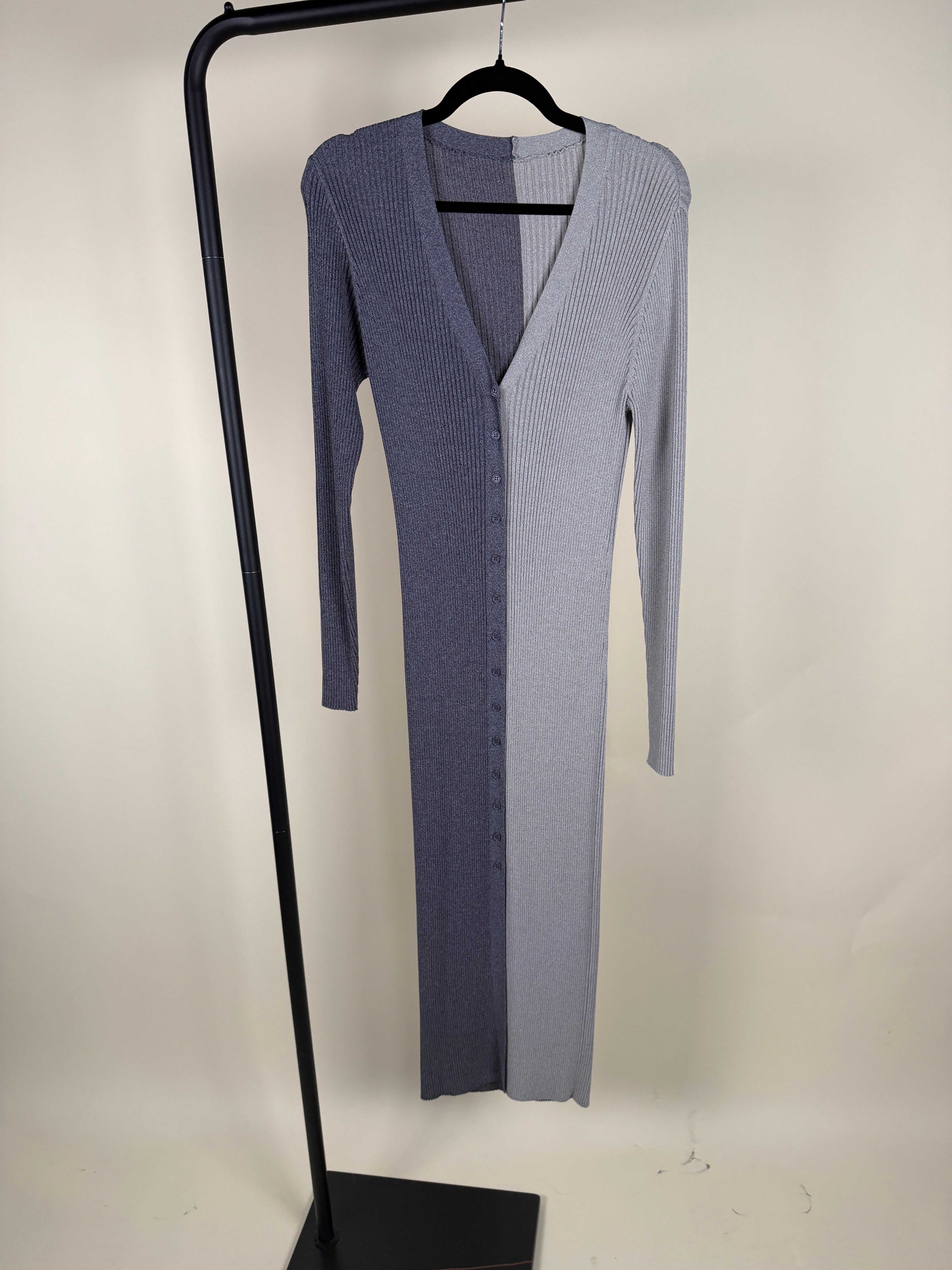STAUD Ribbed Knit Colorblock Midi Dress in Dark Charcoal & Light Heather Grey - photo 6