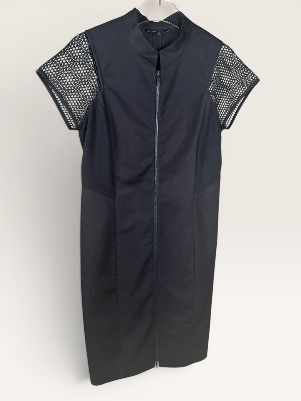 Lafayette 148 New York Black Zip Front Dress with Perforated Sleeves