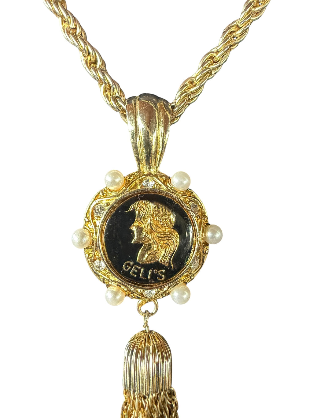 GELI'S Gold Necklace with Engraved Pendant and Pearl Accents