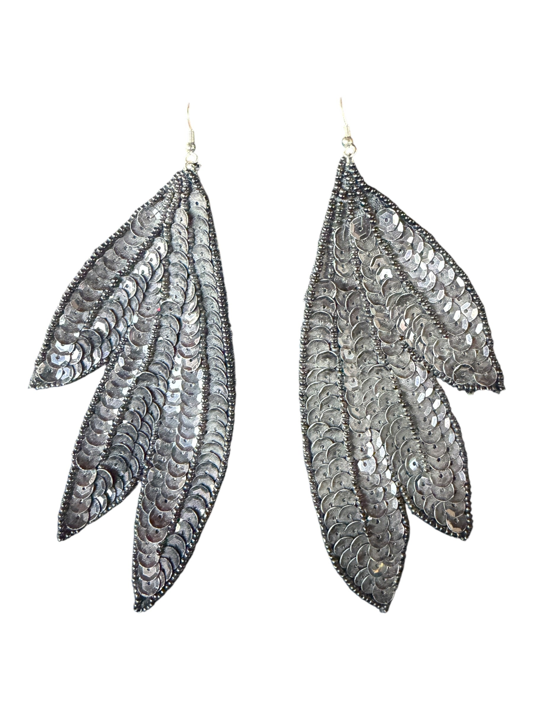 Silver and Black Sequin Feather Earrings with Tassel Trim